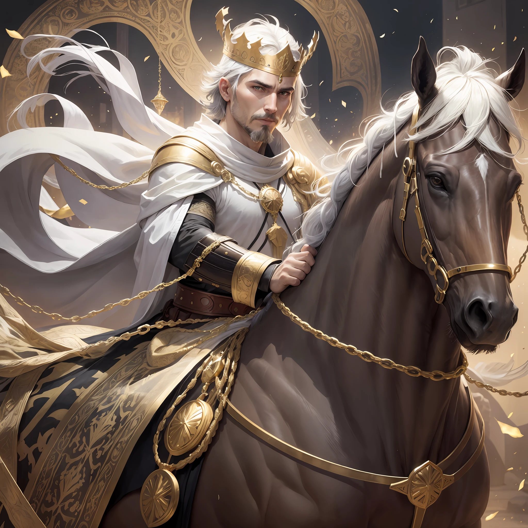 Super realistic photo 33-year-old looking man with short haired goatee with gold crown on head dressed in white tunic mounted on a super black horse and a scales of justice in hand --auto --s2