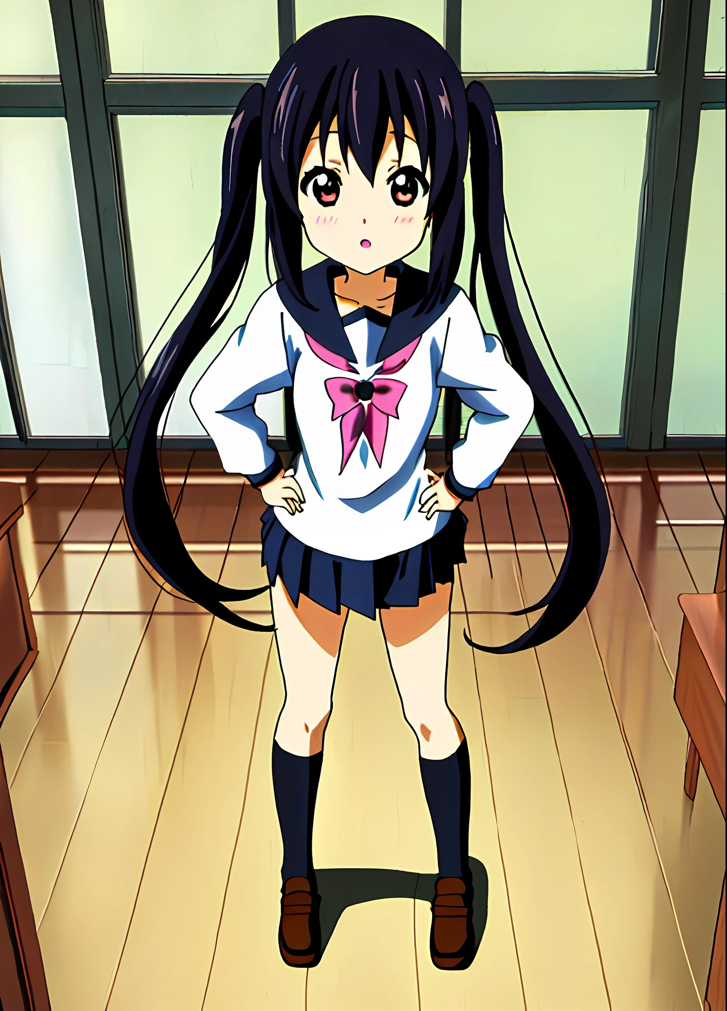 {{{nakano_azusa }}}},{loli},twintails,2010s,sketch,k-on,Sakuragaoka High School uniform. (((Masterpiece))). (((highest quality))).) ((super detail))). (((Illustration))). (((room))). (((Indoor))). (((hands on hips)))). Close range.small breast.