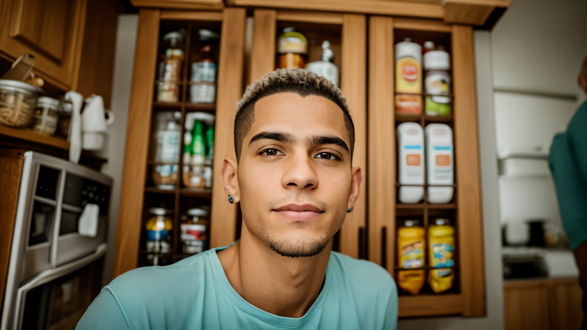 There is a man standing in a kitchen with refrigerator, about 1 9 years, Vinicius, shaved hair, blond Photo Realistic, 18 years
