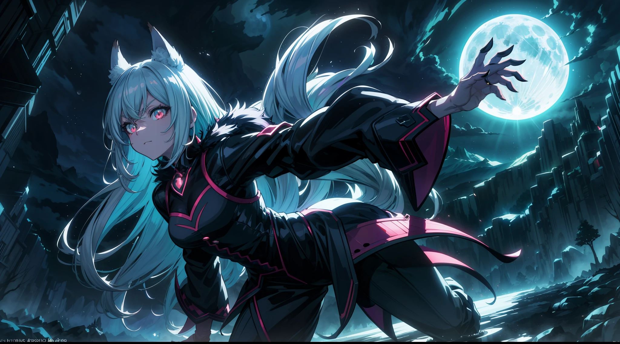(best quality:1.4), anime, cute werewolf woman, dynamic pose, detailed character design, vibrant colors, dramatic lighting, high contrast, creative composition, expansive landscape, full moon, night, a Magic stream with small glowing sprites flying around, perfect hands