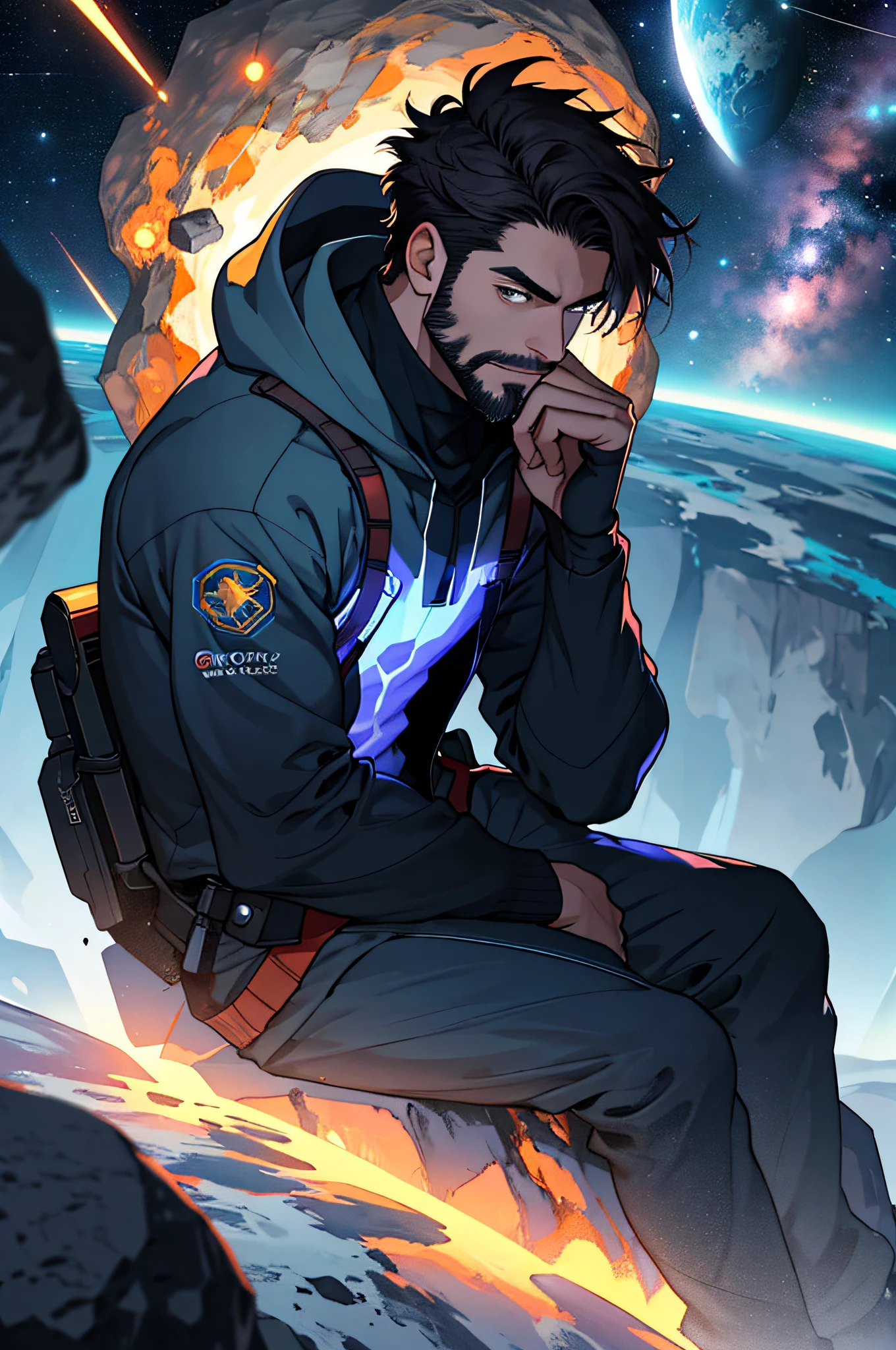 Draw a young programmer, sitting on a research platform floating in the middle of an asteroid belt. He is studying with a notebook, surrounded by several asteroids glowing with fiery auras. Dramatic lighting from distant stars and planets illuminates the scene, casting deep shadows on the suit. The young man looks confident and determined, looking at the vast and mysterious universe with wonder and respect,facial hair, cowboy shot,