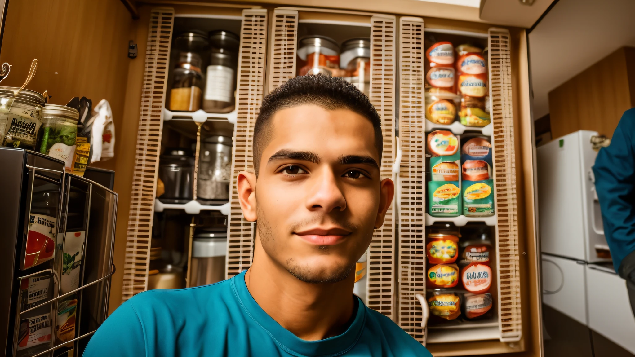 There is a man standing in a kitchen with refrigerator, about 1 9 years, Vinicius, shaved hair, blond Photo Realistic, 18 years