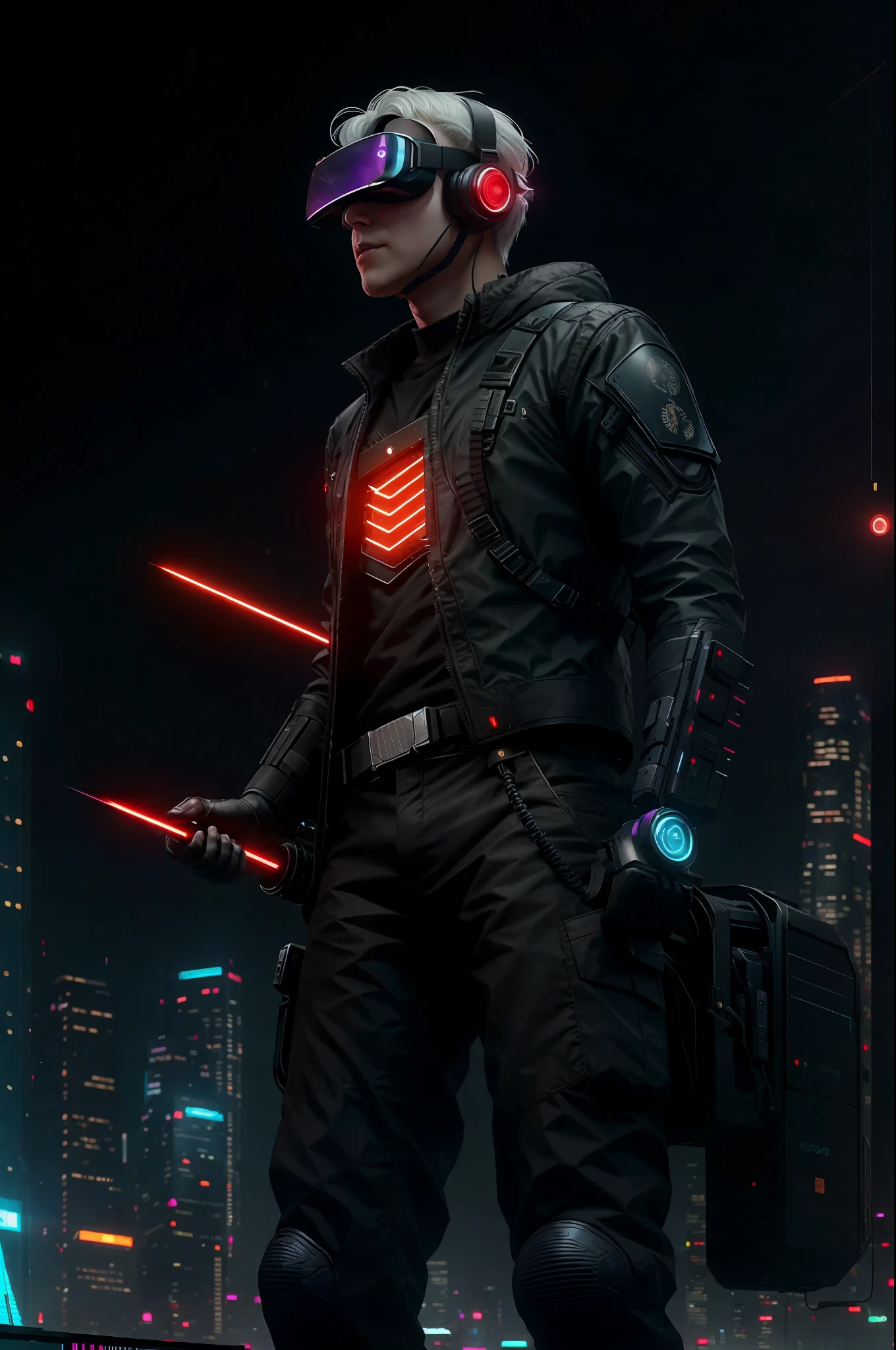 Silicon Valley Virtual Reality 100th Anniversary, Ultra Detailed, High Resolution, Very Detailed, White-haired man holding a katana in his hand with red light sticking out from them, Black tactical costume, A city full of buildings in the background, 8K, surrealism, cyberpunk art by android jones, cyberpunk art by beeple!!! ,,Synthwave,DarkSynth,Quantum Tracerwave,wireframe,ArtStation trend
