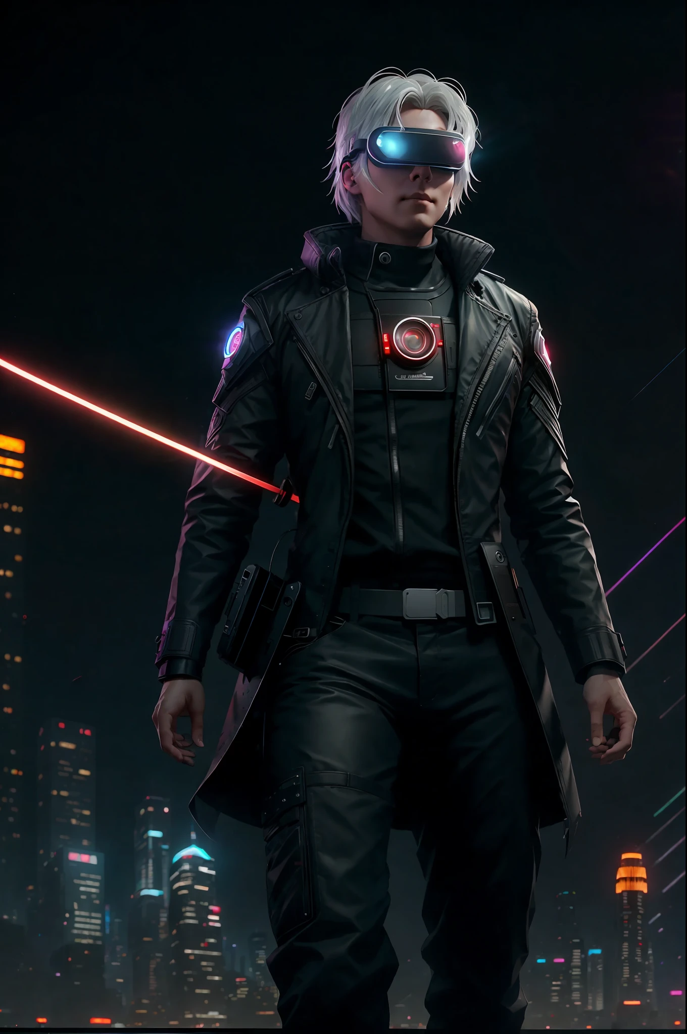 Silicon Valley Virtual Reality 100th Anniversary, Ultra Detailed, High Resolution, Very Detailed, White-haired man holding a katana in his hand with red light sticking out from them, Black tactical costume, A city full of buildings in the background, 8K, surrealism, cyberpunk art by android jones, cyberpunk art by beeple!!! ,,Synthwave,DarkSynth,Quantum Tracerwave,wireframe,ArtStation trend