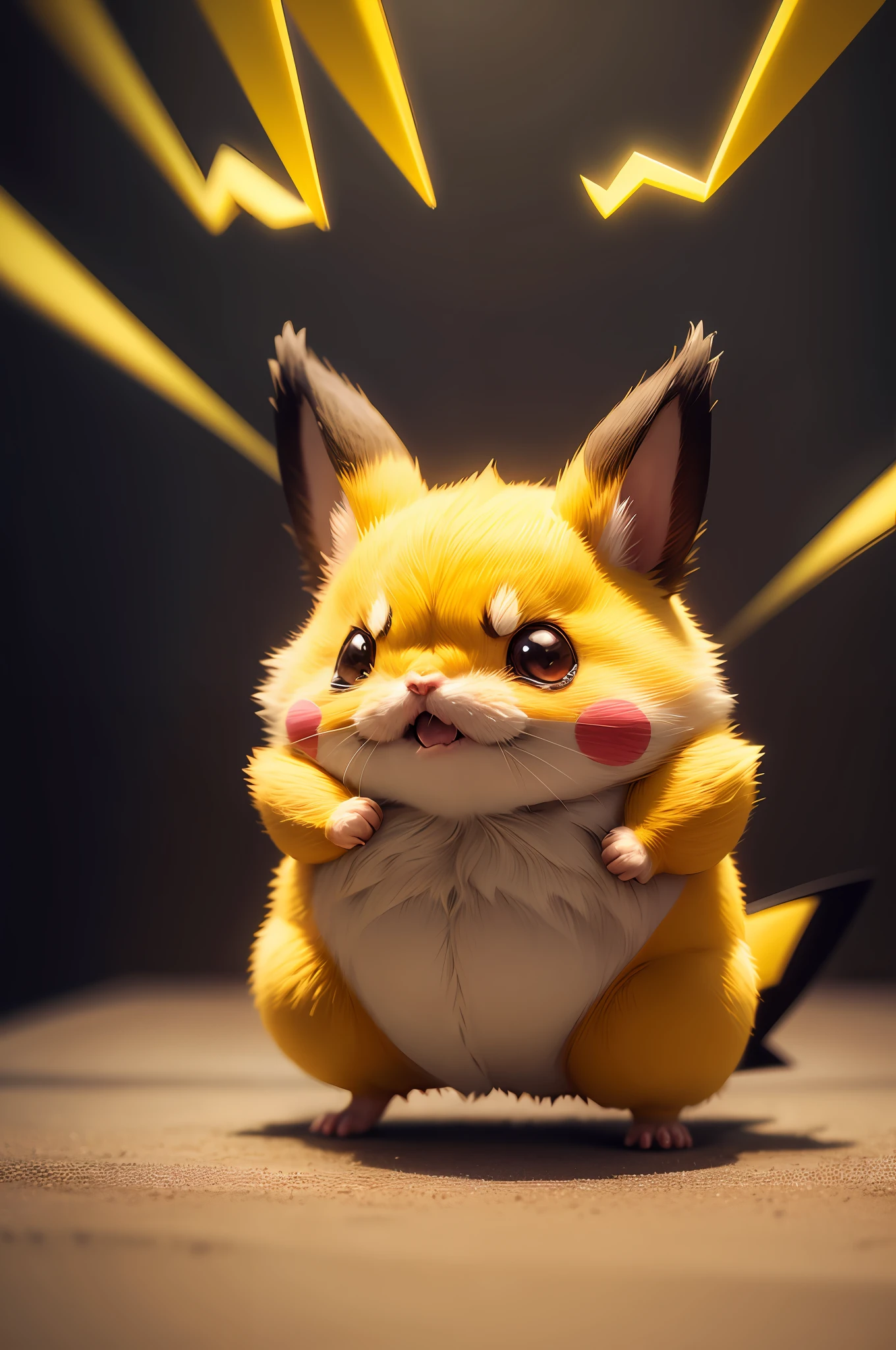 pokemon "1Pikachu" , yellow furry , Little furry beast , hamster, solo , cute fat , Angry , preparing to attack, electric yellow glowing, fur standing,