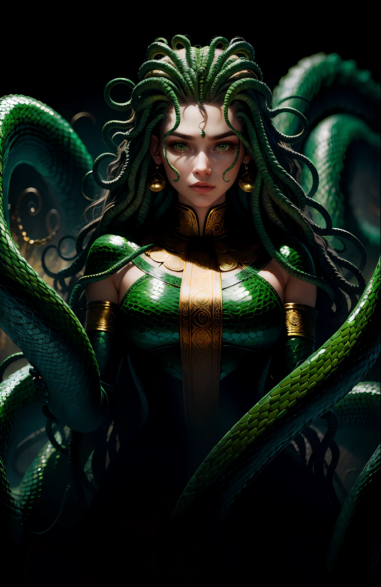 ((best quality)), ((masterpiece)), ((realistic)), Medusa, the body of the snake monster, the human face and upper body, the hair is composed of countless small snakes, green eyes, female face, metal carving tops, regal, trending on artstation, sharp focus, studio photo, intricate details, very detailed, detailed eyes, illustration, very detailed, sharp focus, digital rendering, professional, 4k