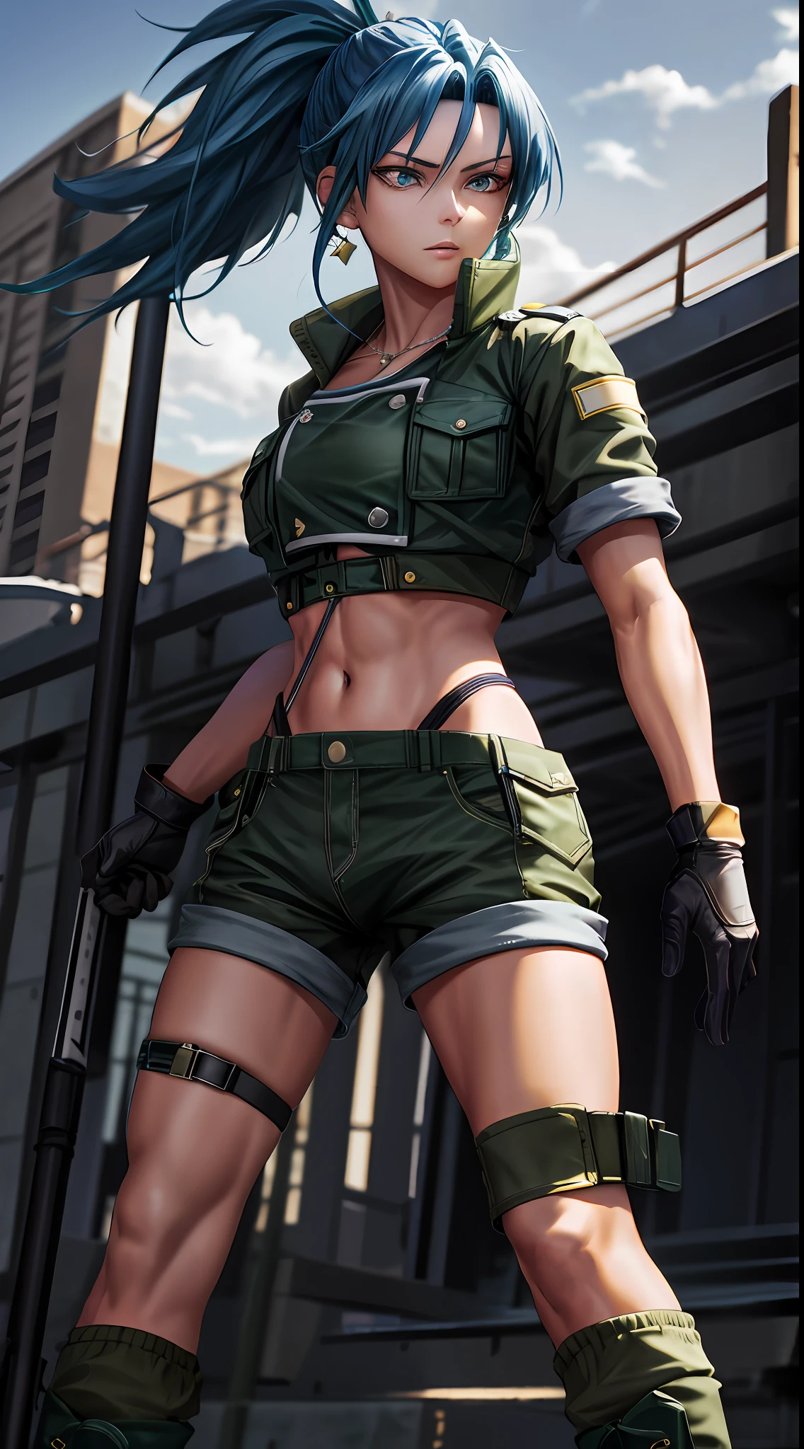 Masterpiece, best quality, high resolution, 1girl, leona heidern, standing, blue hair, gloves, blue eyes, ponytail, boots, shorts, green shorts, midriff, crop top, black gloves, breasts, military uniform, green jacket, combat boots, earrings, jewelry, navel, big breasts,