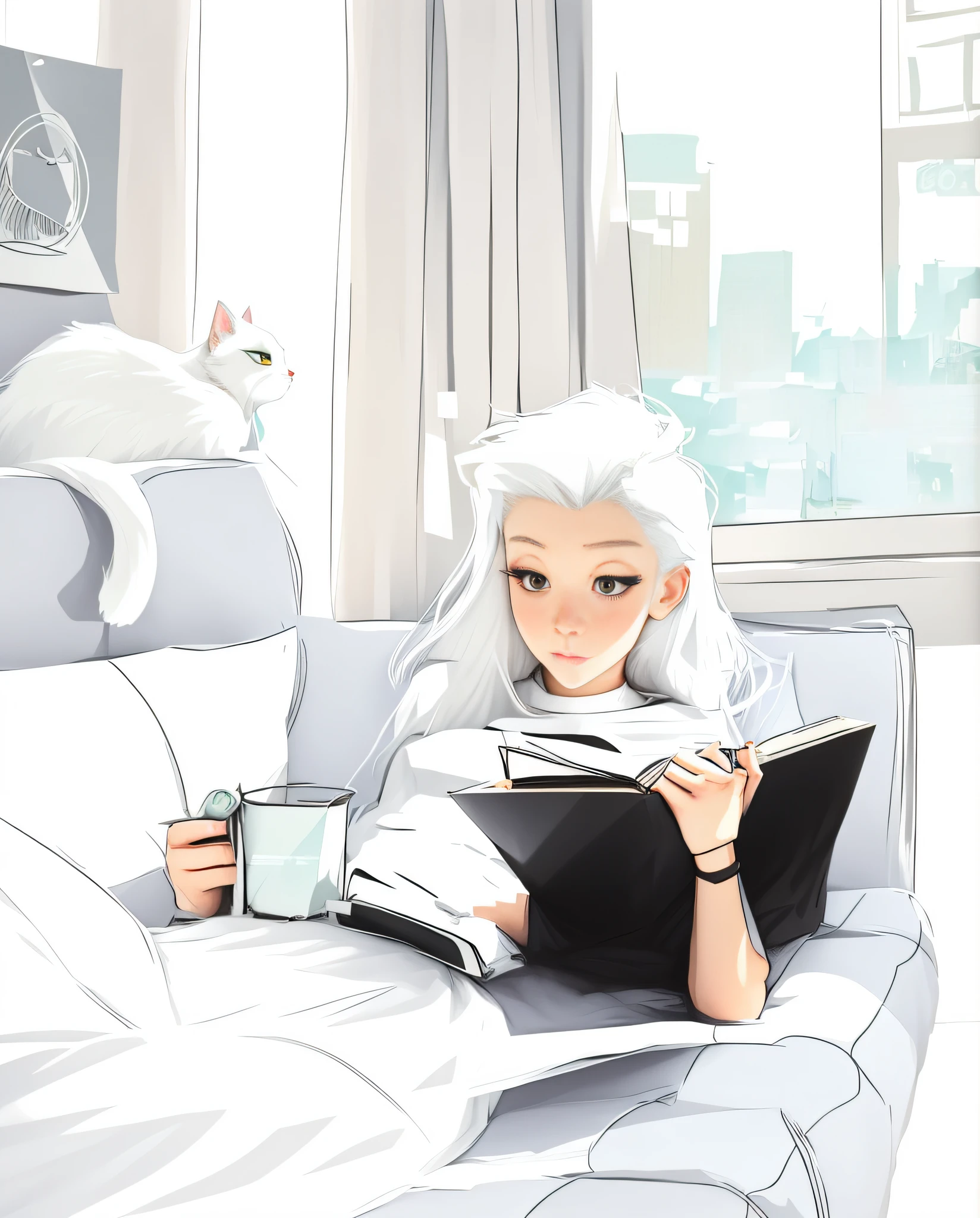 anime girl reading a book with a cat on her lap, perfect white haired girl, girl with white hair, white haired lady, relaxing concept art, white haired, white-haired, anime vibes, loish art style, artwork in the style of guweiz, beautiful anime catgirl, cozy wallpaper, one girl has white hair, amazing wallpaper, in anime style