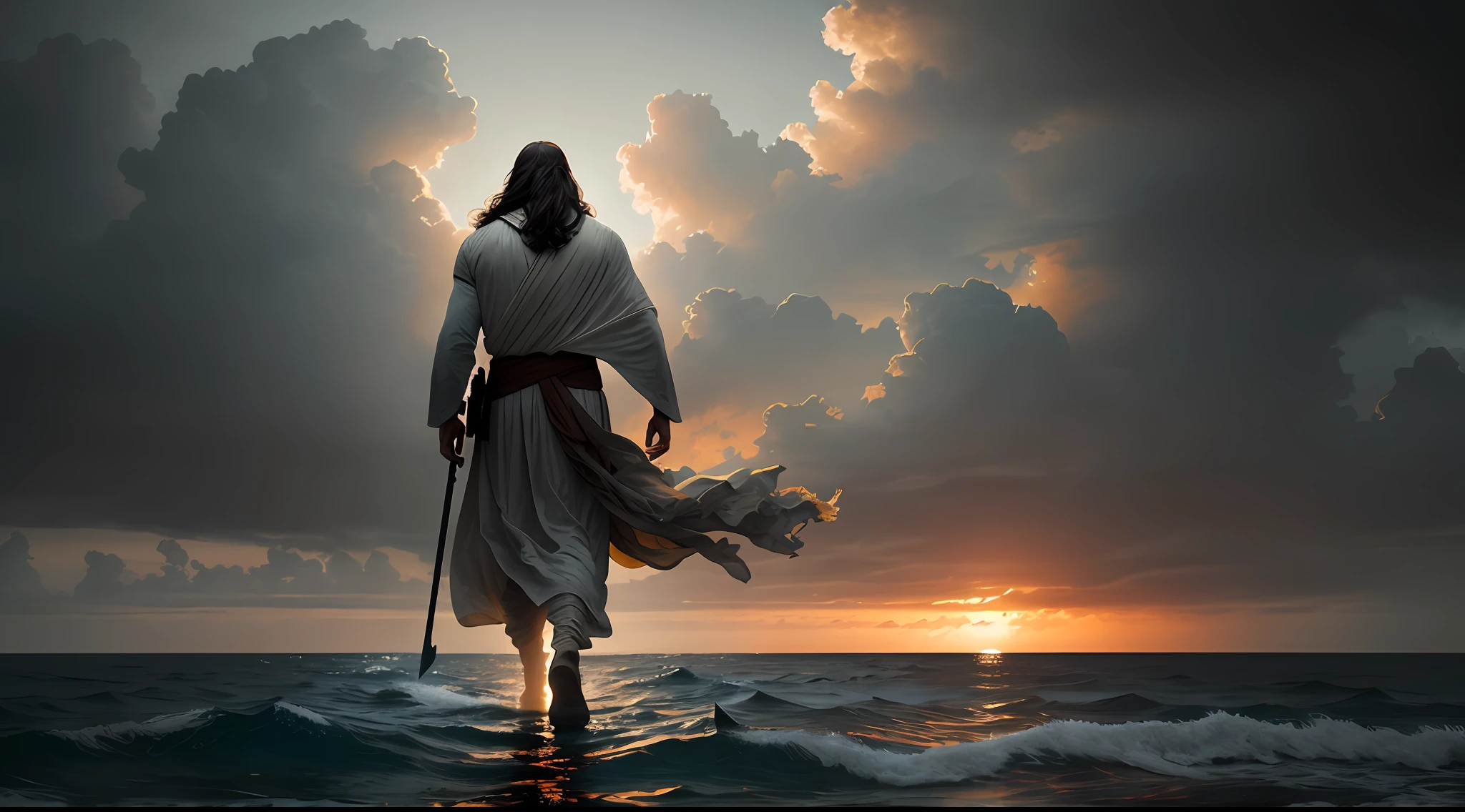 JESUS CHRIST walking on top of seawater, dark photo: realistic epic, soft cinematic portrait, adobe lightroom, photographic lab, highly detailed, faded, art by greg rutkowski and artgerm ,neutral colors: 1,2), (hdr: 1,4) , (soft colors:1.2), hyperdetailed, (artstation:1.4), cinematic, warm lights, dramatic light, (intricate details:1.1), complex background, (rutkowski:0.66), (blue and orange:0.4)