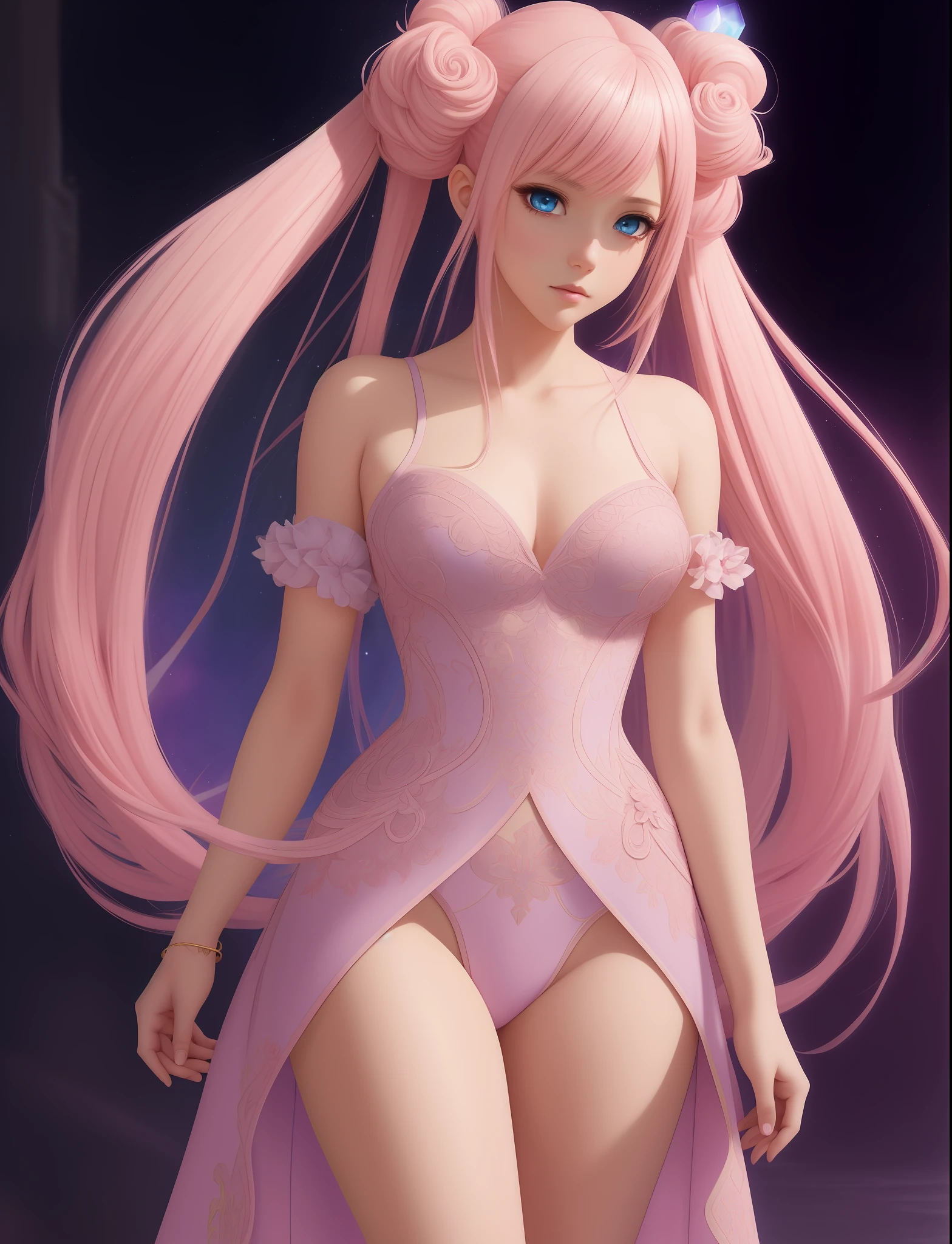 beautifully, full body,, character sheet, pink twintale, ta, intricate, glowing blue eyes, thight dress, hyperdetailed painting, 32k resolutifull body front, Full body Insanely detailed photograph of a beautiful ethereal girl, golden hair with pink highlights, twist twintails, anime girl, long light pink hair, four reference Poses, rear facing viewer, full length shot, stunningly beautiful anime teengirl, large augmentation, fantasy world, dark background, overwatch, clean design, epic Instagram, artstation, splash of colorful paint, contour, hyperdetailed intricately detailed, unreal engine, fantastical, intricate detail, complementary colors, fantasy concept art, 8k resolution, deviantart masterpiece, oil painting, heavy strokes, paint dripping