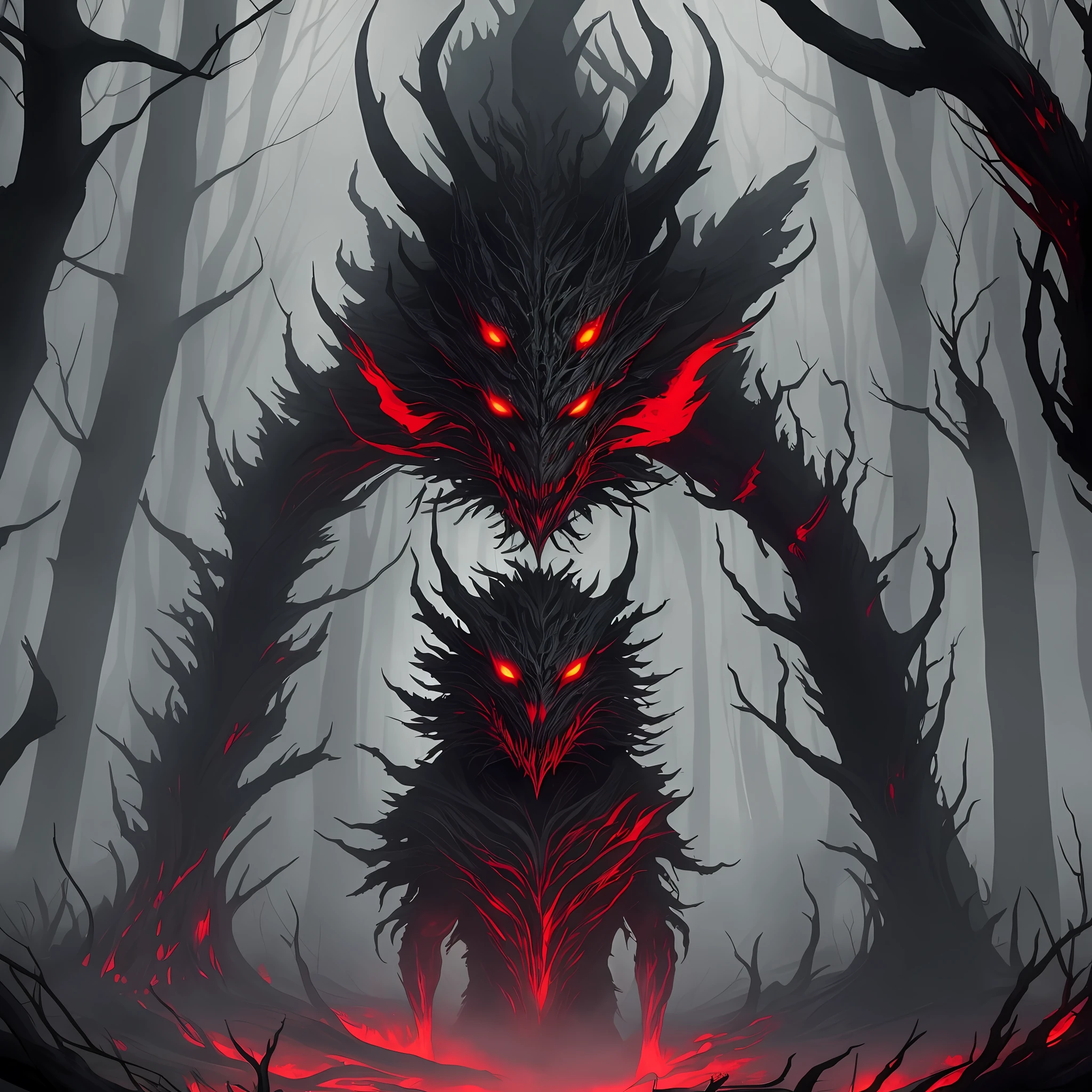 (best quality), high resolution, ultra-detailed, a grotesque creature similar to Saci, dark theme, creepy atmosphere, glowing red eyes, distorted features, floating in a misty dark forest, twisted trees, eerie sounds, deep shadows, mystical elements. --auto --s2