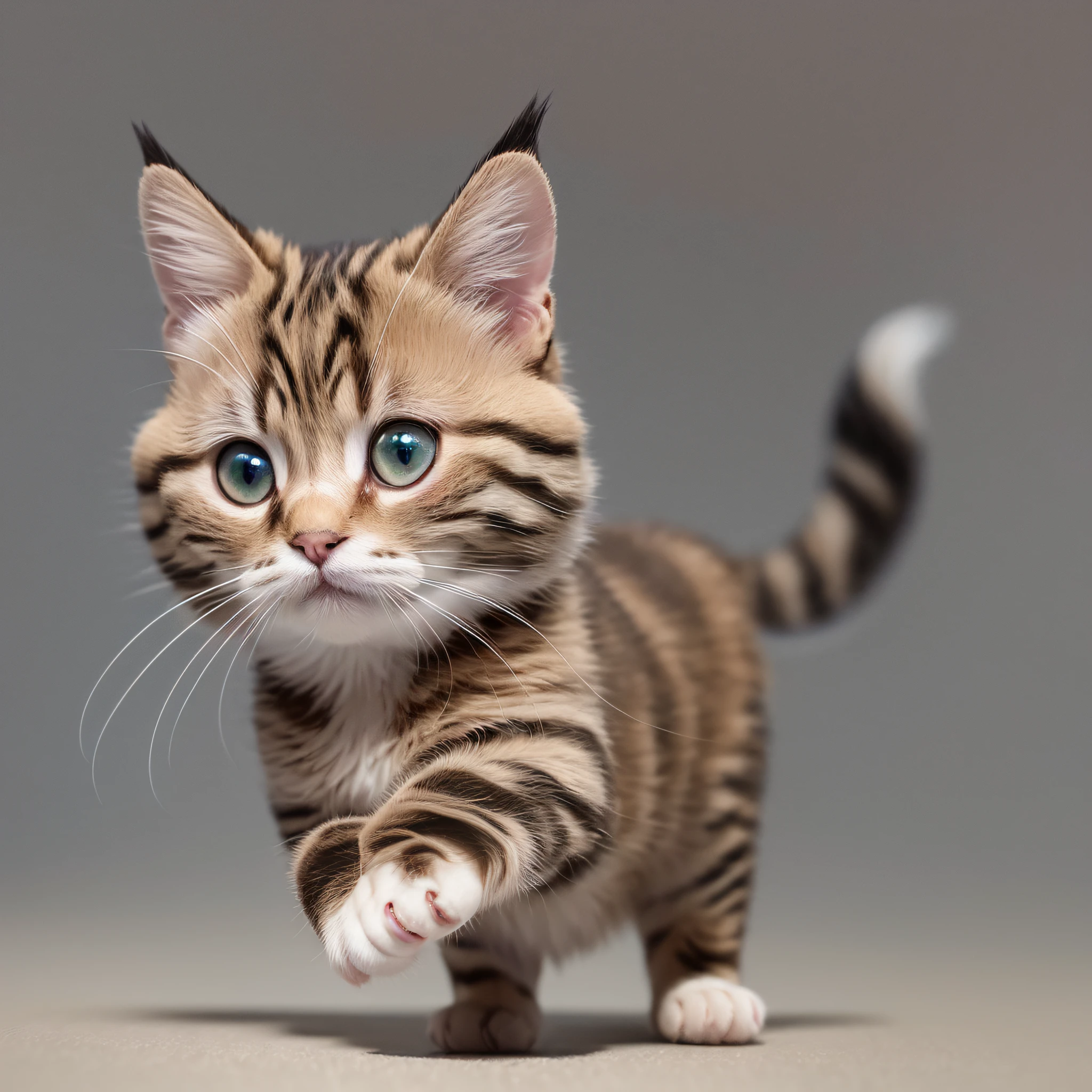 cute tiny hyper realistic American Bobtail Cat breed running, Anime full chibi body, fluffy, chibi, adorable, logo design, cartoon, cinematic lighting effect, charming, 3D vector art, cute and quirky, fantasy art, bokeh, hand-drawn, digital painting, soft lighting, isometric style, 4K resolution, photorealistic rendering, highly detailed clean, vector image, photorealistic masterpiece, professional photography, simple space backdrop, flat white background, isometric, vibrant vector