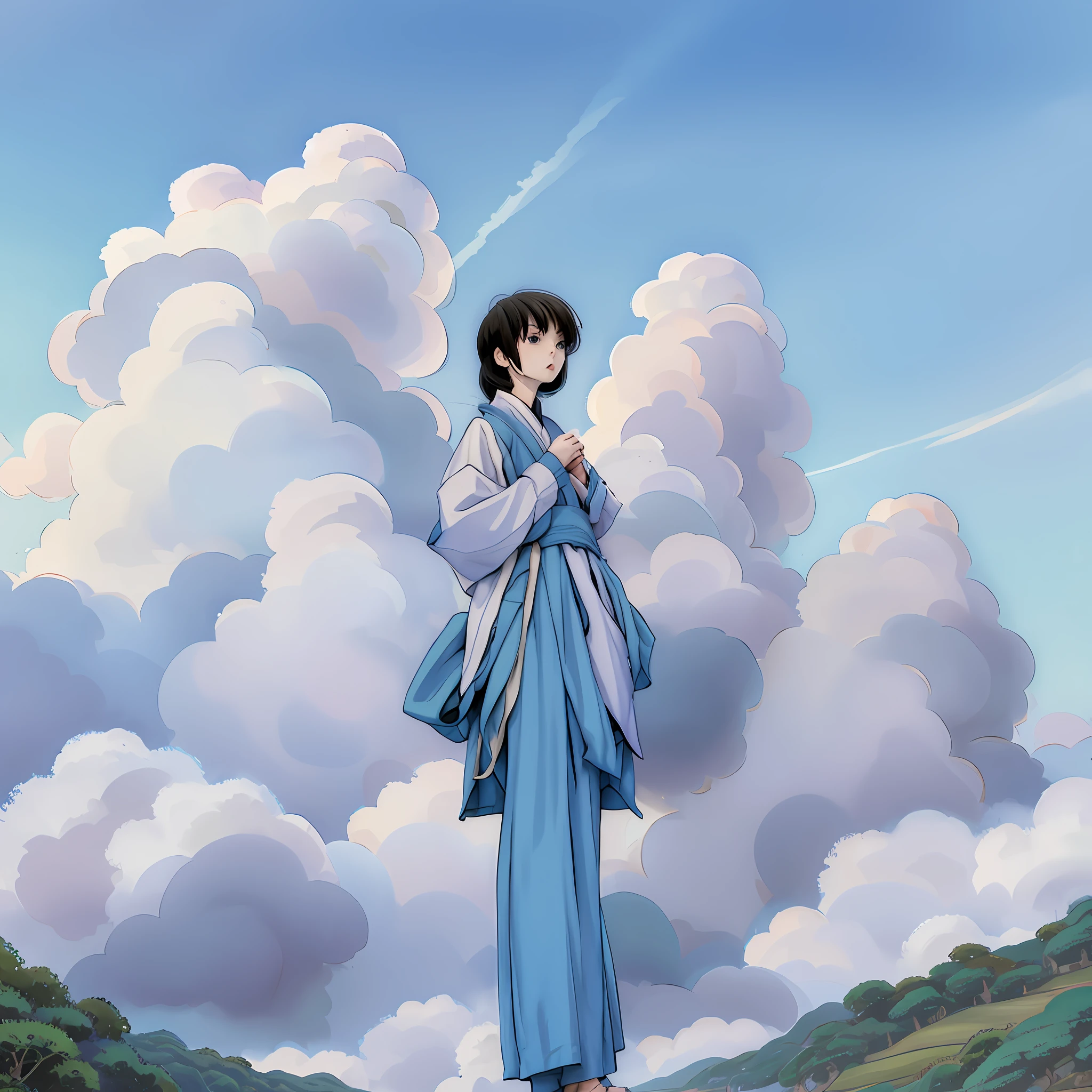 Idyllic scenery, blue sky and white clouds, Miyazaki style