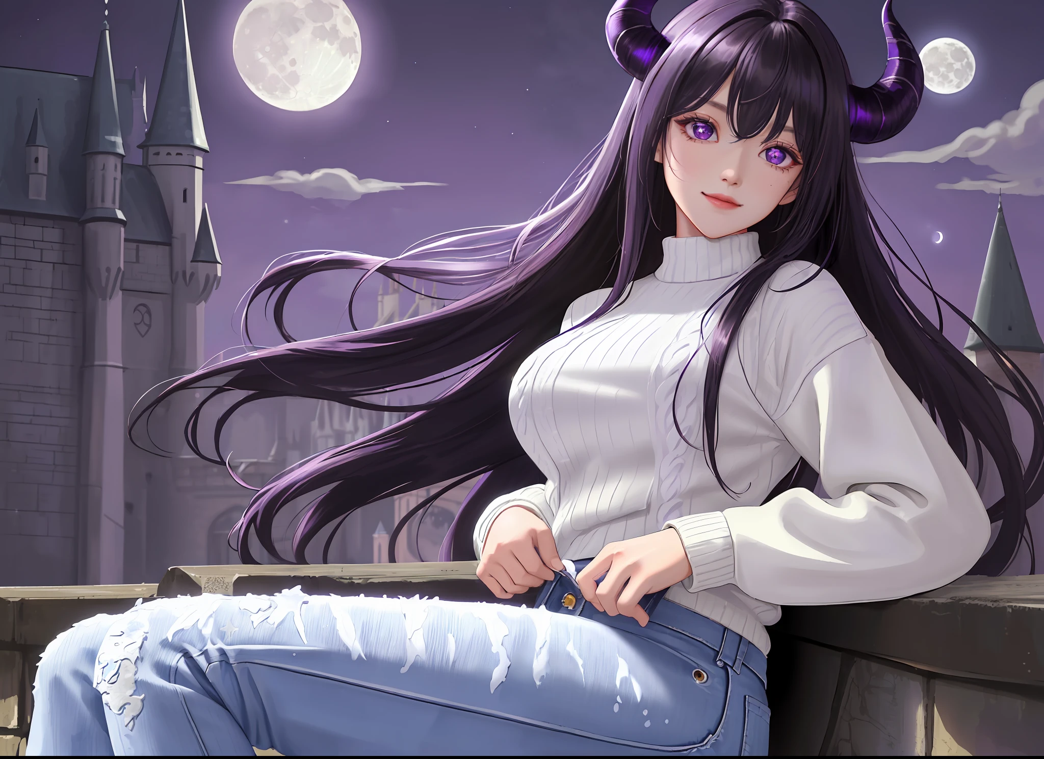 ((highest quality, masterpiece, 4k, finely detailed, detailed eyes, detailed face, intricate details, gelbooru, pixiv)), warm lighting, ((solo)), 1girl, (((dark purple demon horns))), ((sharp but gentle eye shape, purple eye color)), medium chest, (((black hair, long hair, middle strand, messy hair)), looking at viewer, smile, ((bleached jeans, white sweater)), cloudy sky, moon night, moon shine, sitting on castle wall, castle background, hands next to body