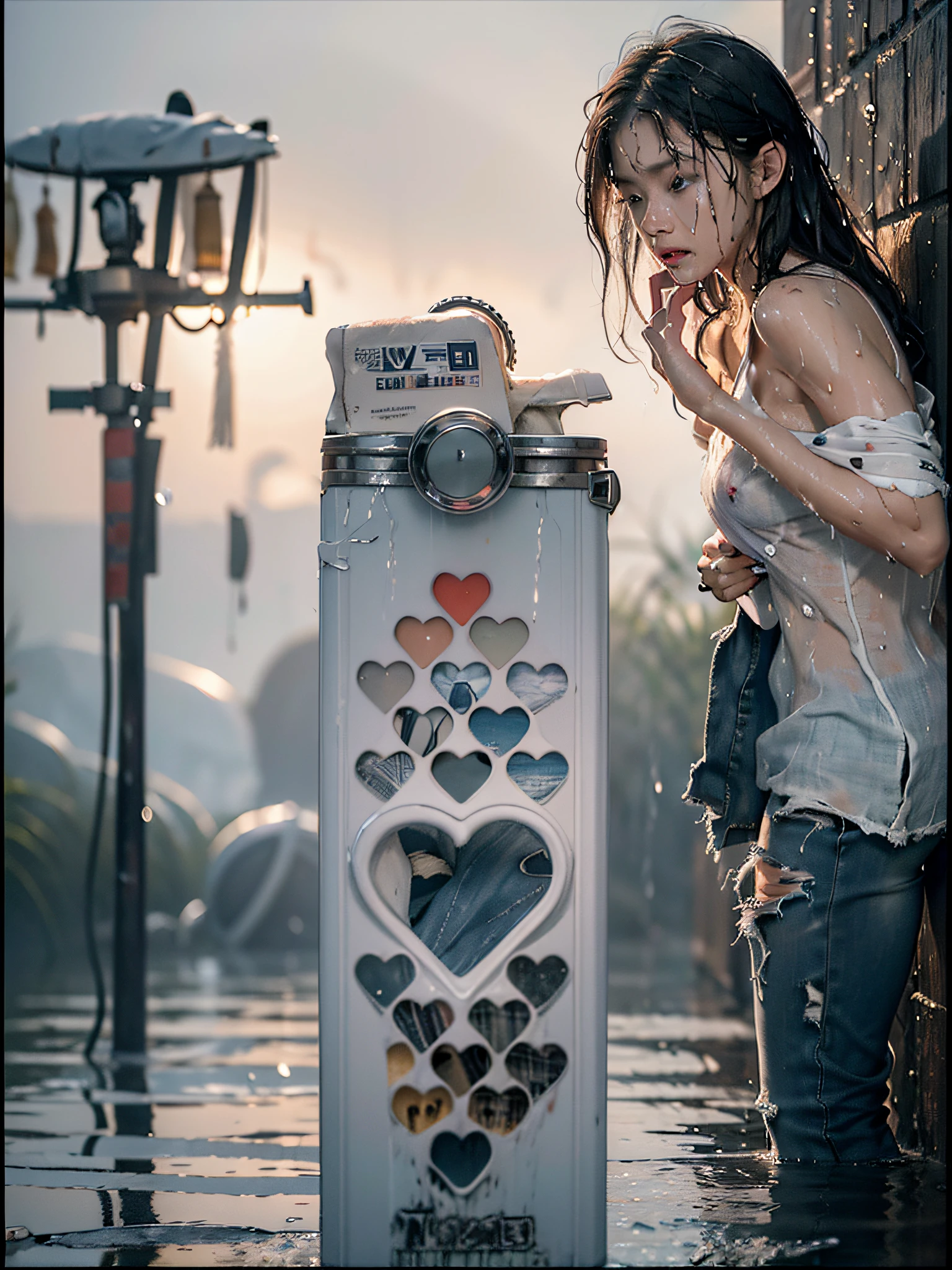 best quality, masterpiece, ultra resolution, (fidelity:1.4), photo, 1 lighter, [(sad)], white shirt, dim, darkness, despair, pity, pity, movie, tears, teardrops, (torn clothes:1.5), (wet clothes:1.4), bare shoulders, real rain, wet hair,..