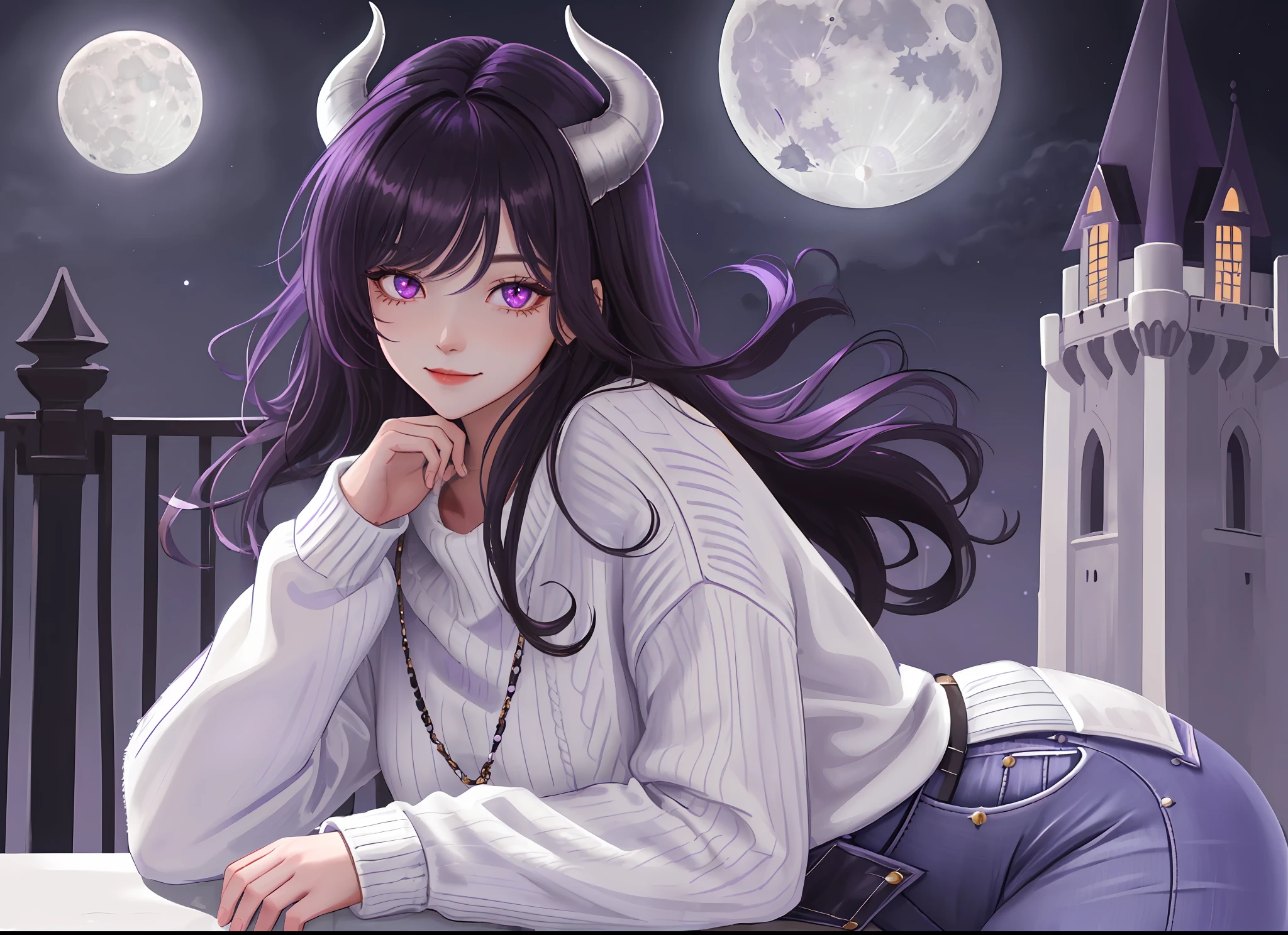 ((highest quality, masterpiece, 4k, finely detailed, detailed eyes, detailed face, intricate details, gelbooru, pixiv)), warm lighting, ((solo)), 1girl, (((dark purple demon horns))), ((sharp but gentle eye shape, purple eye color)), medium chest, (((black hair, long hair, middle strand, messy hair)), looking at viewer, smile, ((bleached jeans, white sweater)), cloudy sky, moon night, moon shine, sitting on castle wall, castle background, hands next to body