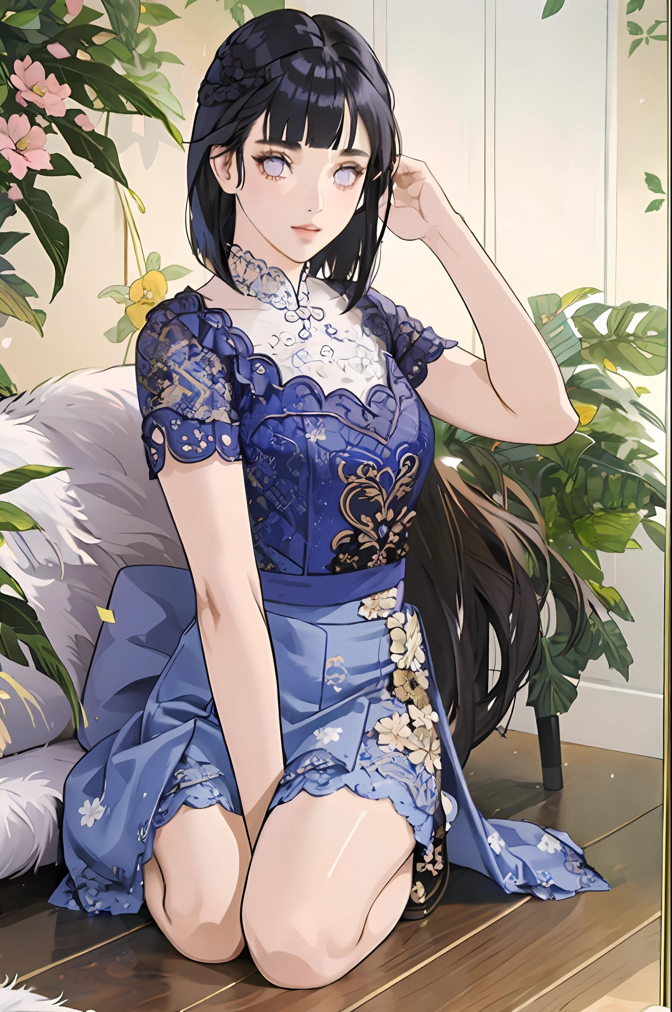 ((looking at camera)), detailed face, 1girl,full body,  solo, fashi-girl, mature girl, cute, sweet, a girl wearing kebaya,blue kebaya and brown floral pattern short skirt , ((blunt bangs)), dark blue hair, big purple eyes, half body, knee crop, (long hair)