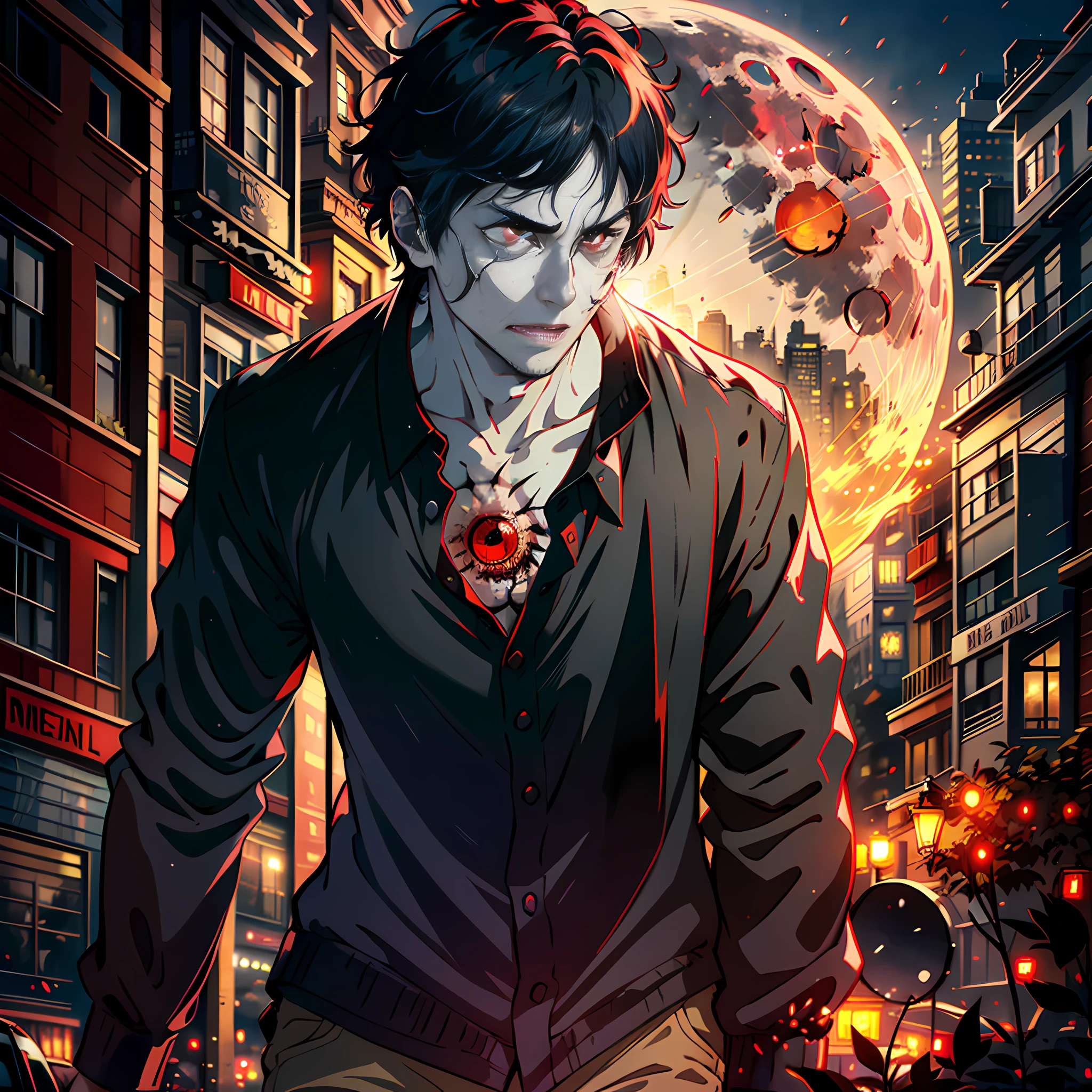 City night, red moon, a man gets up from the ground, about to turn into a zombie, super high detail, black short sleeves, black hair, red eyes, teeth exposed, horror, super high detail, high real, 4K, chiaroscuro, super high detail