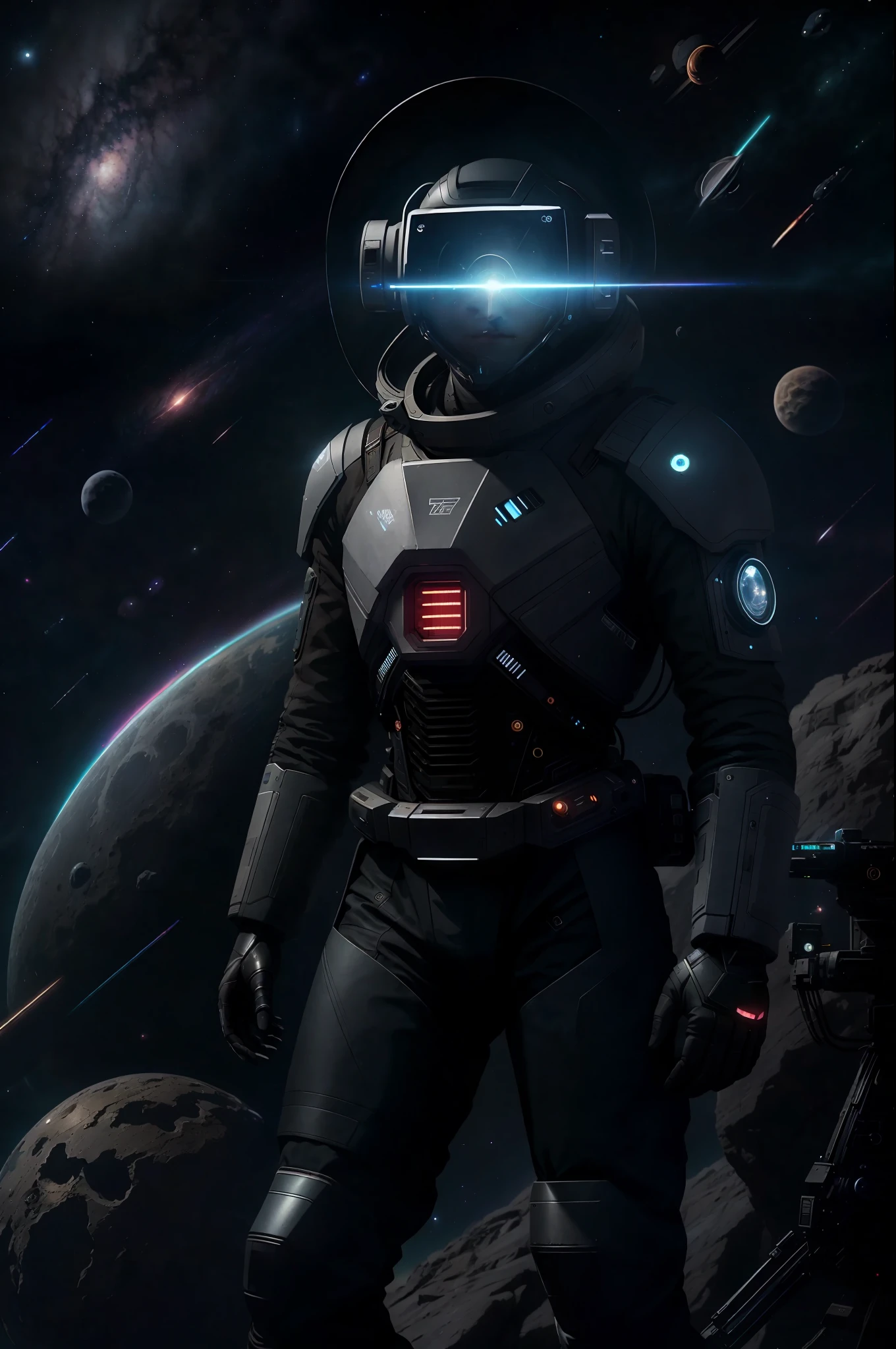 Silicon Valley Virtual Reality 100 Anniversary, Ultra-Detailed, High-Resolution, Very Detailed, a young programmer, sitting on a research platform floating in the middle of an asteroid belt. He was studying with a notebook, surrounded by several asteroids that emitted fiery halos. Dramatic lights from distant stars and planets illuminated the scene, casting deep shadows over the spacesuit. Young man looks confident and determined, looking at the vast and mysterious universe with amazement and respect, full beard, cowboy shots, cyberpunk art by android jones, cyberpunk art by beeple!!! ,,Synthwave,DarkSynth,Quantum Tracerwave,wireframe,ArtStation trend