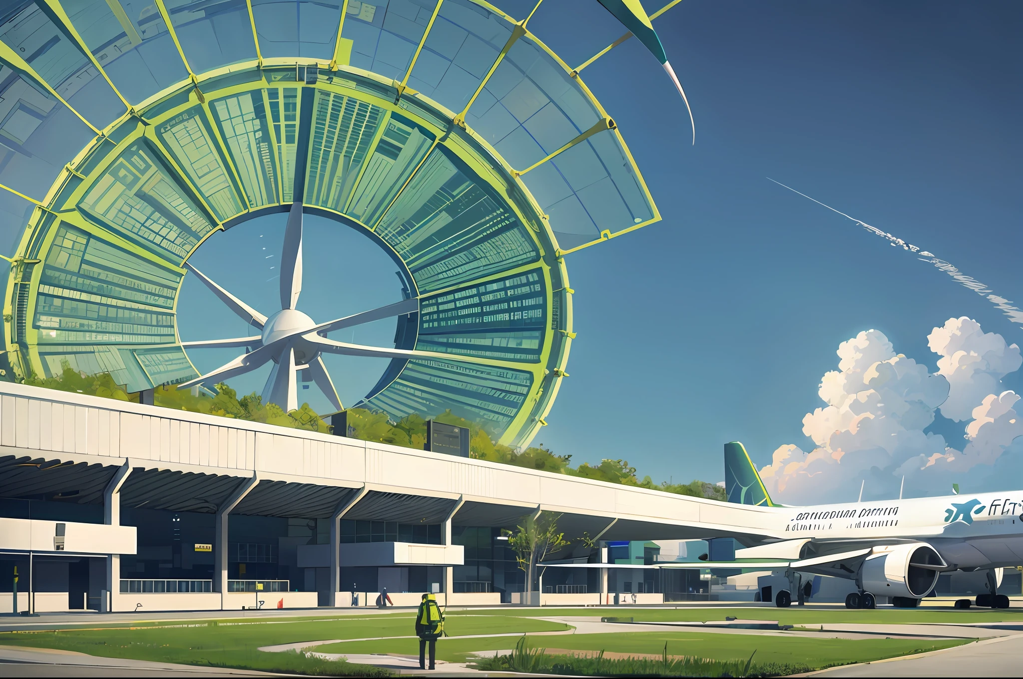 a utopian airport where ecology is strictly protected and environmentally friendly energy and buildings are the only permitted forms of structure, aircraft taking off in the background, ecology, solarpunk, HD in the style of ethereal semi transparence --auto --s2