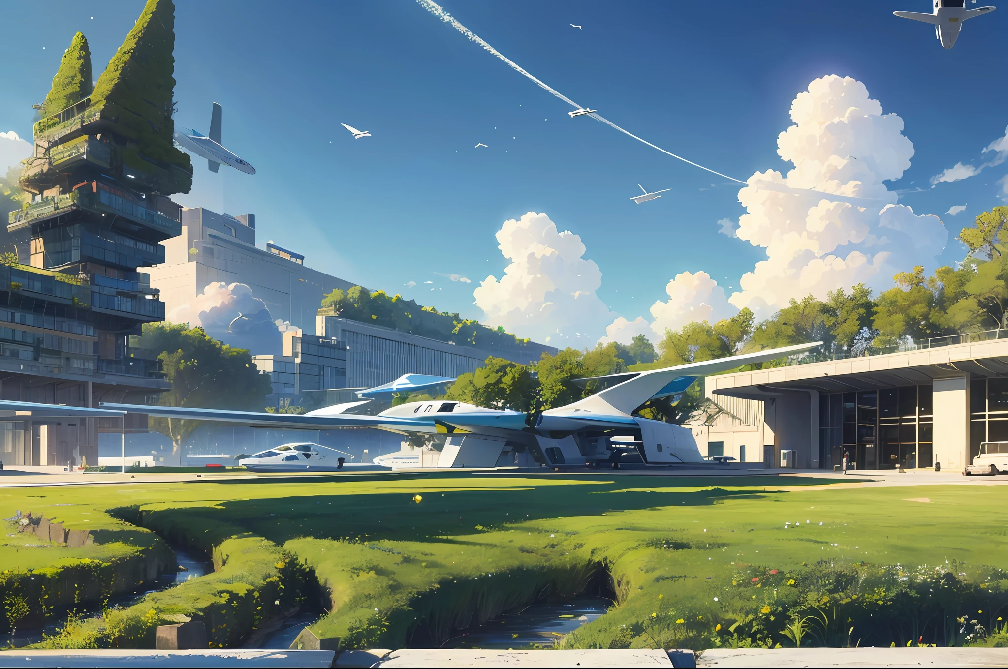 a utopian airport where ecology is strictly protected and environmentally friendly energy and buildings are the only permitted forms of structure, aircraft taking off in the background, ecology, solarpunk, HD in the style of ethereal semi transparence --auto --s2