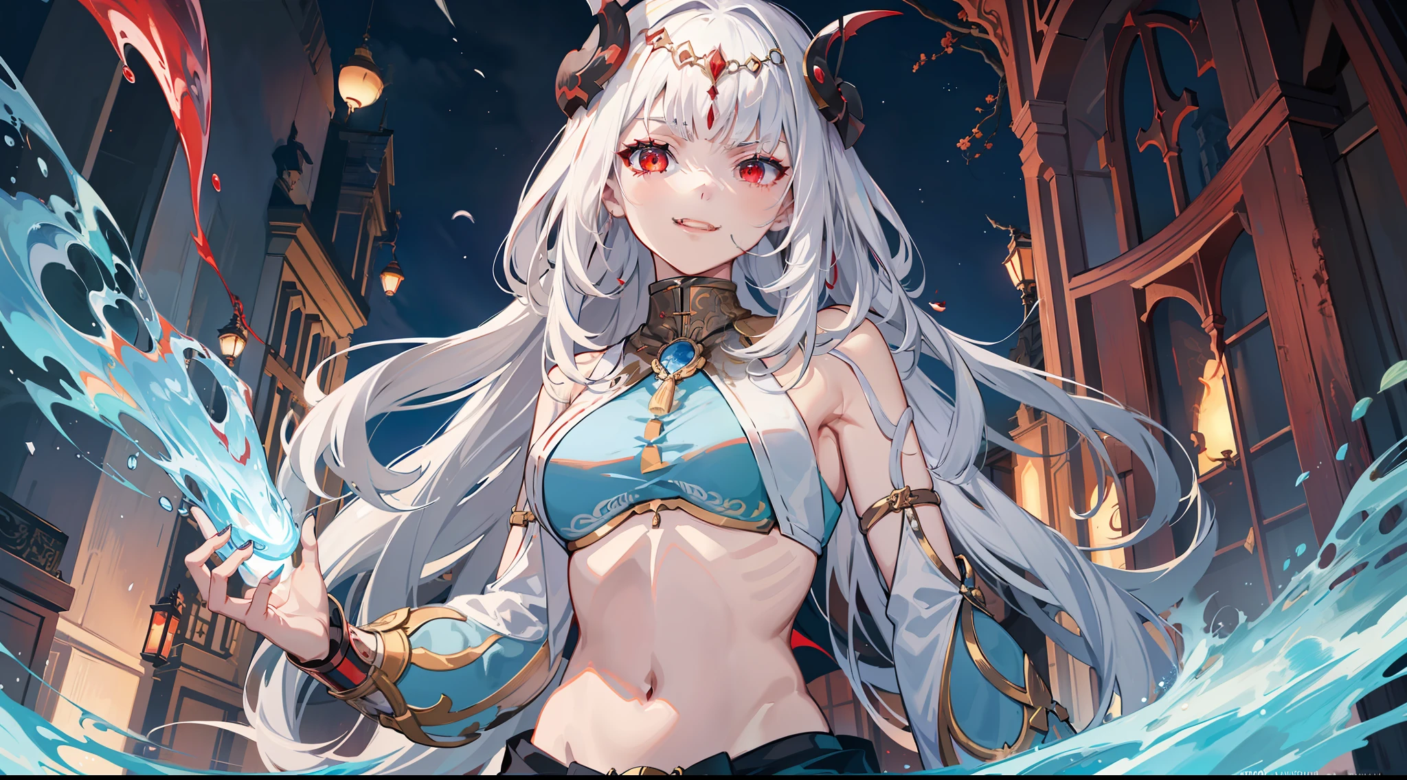nilou (genshin impact), looking at the viewer, 1girl, white hair, bracelets, (vampire), sharp vampiric fangs, smirk, (red eyes), glowing eyes, small breasts, navel, pale as snow, blood effect, red sky, moon, night, red effect, slim, villain, evil, masterpiece