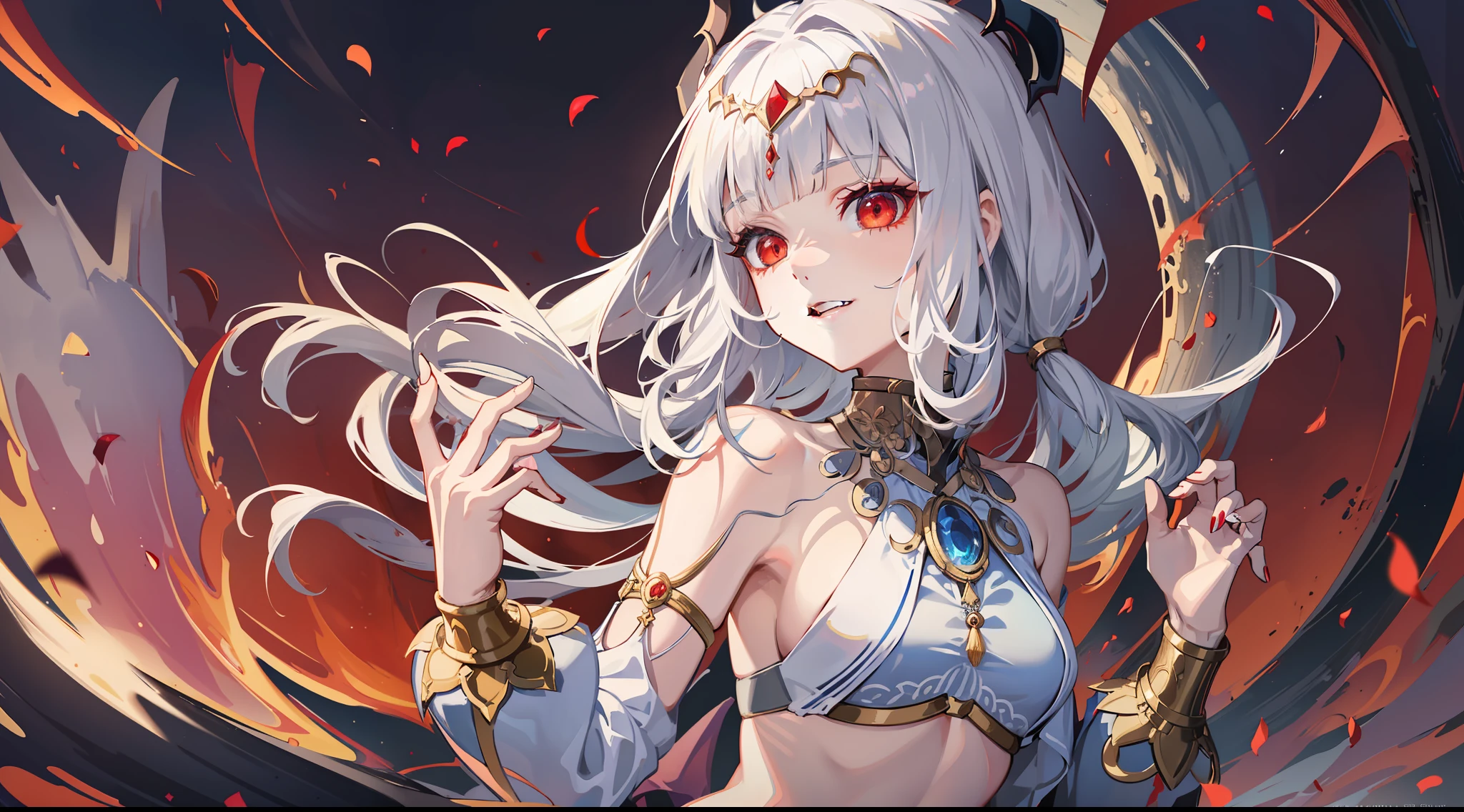 nilou (genshin impact), looking at the viewer, 1girl, white hair, bracelets, (vampire), sharp vampiric fangs, smirk, (red eyes), glowing eyes, small breasts, navel, pale as snow, blood effect, red sky, moon, night, red effect, slim, villain, evil, masterpiece