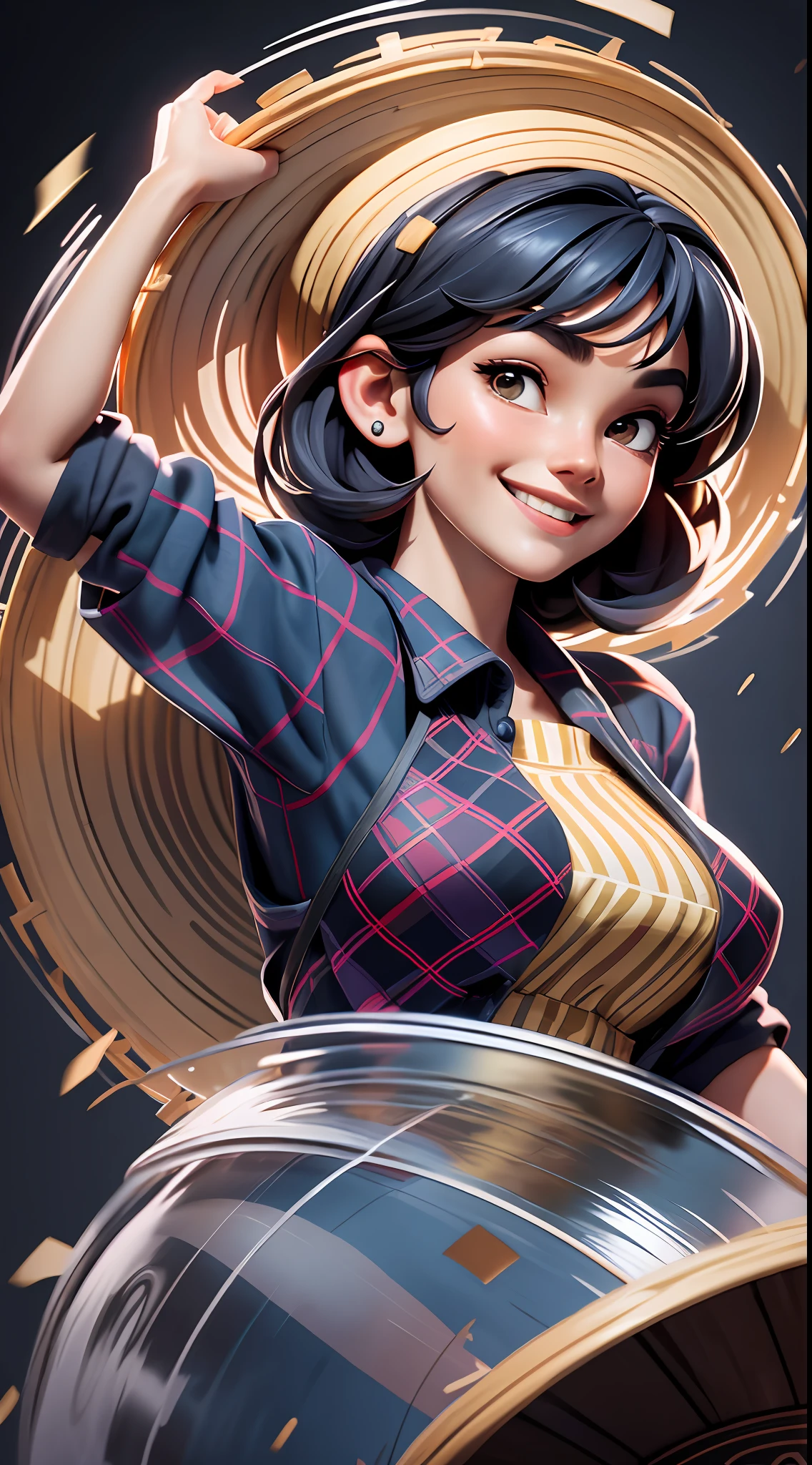 Best quality, realistic, award-winning illustration, (tricky detail: 1.2), (fine detail), (tricky detail), (cinematic lights, best quality), sharp lines, sharp focus, official artwork, 16k, A beautiful woman with smiling face, wearing straw hat, wearing June party hat, June parties, splash bottom flying dishes, floating dishes, a beautiful young chef, wearing black apron with colorful plaid blouse in color, Wearing jeans, medium black hair, holding a white plate, splash of flying cymbals, character design by George Lucas style, white background.