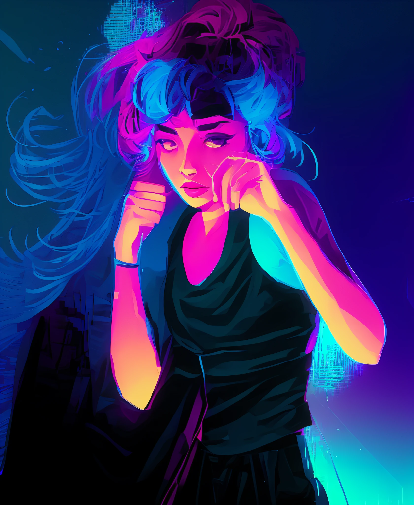 snthwve style nvinkpunk award winning half body portrait of a woman in a croptop and cargo pants with ombre navy blue teal hairstyle with head in motion and hair flying, paint splashes, splatter, outrun, vaporware, shaded flat illustration, digital art, trending on artstation, highly detailed, fine detail, intricate