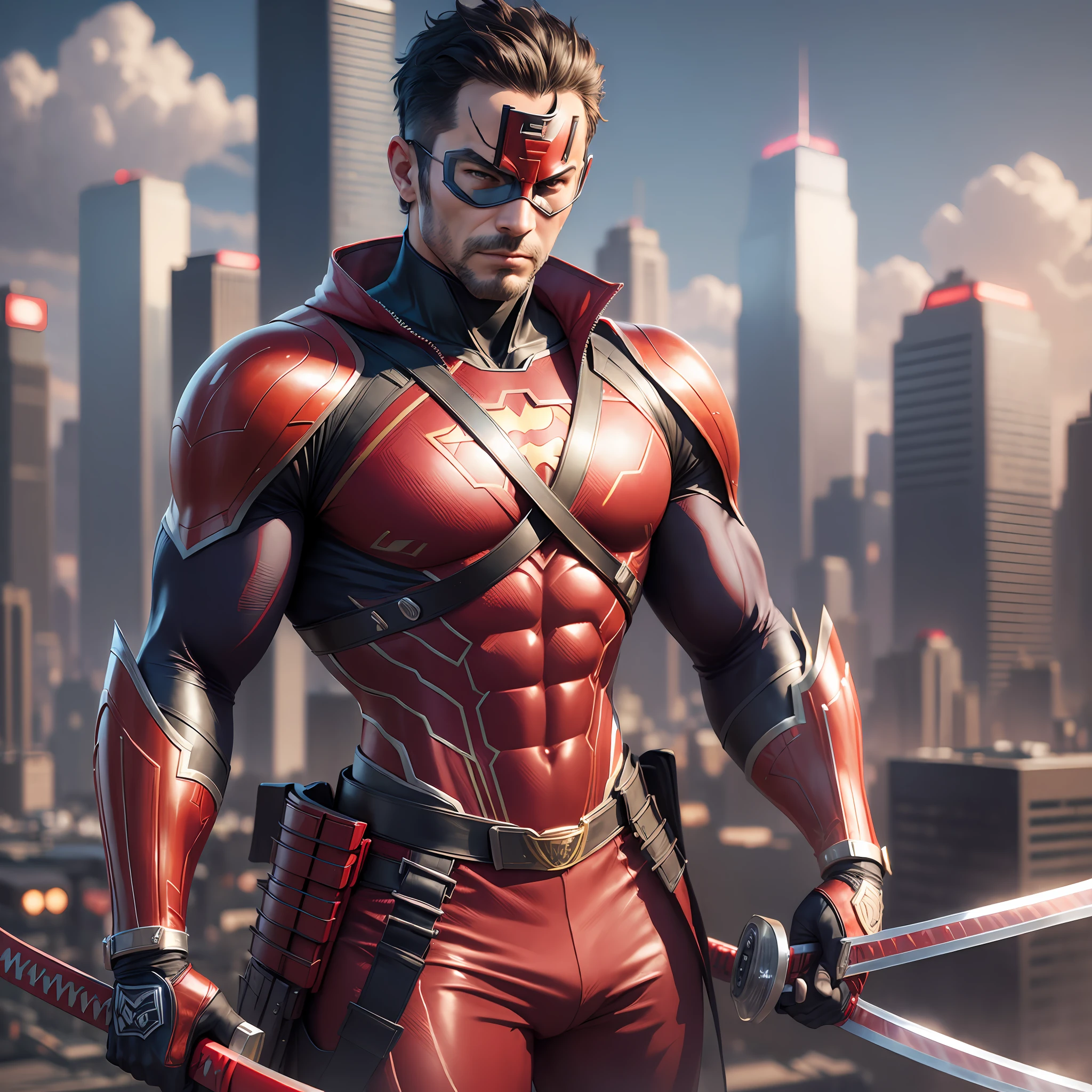 (Man in superhero outfit), (red katana), (city background), 8k, hyperrealistic, masterpiece --auto --s2