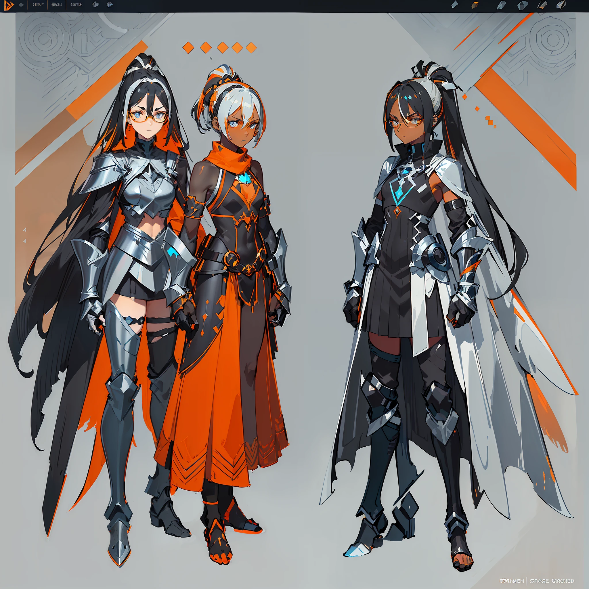 (((Concept Art))), (((Flat ?????))) Female, (((Dark Skin)))), Black Hair with Ponytail, Light Blue Eyes, Round Glasses with Dark Lens, (((((Black Metallic Gauntlets and Greaves with Orange and Silver Highlights))))), White Scarf (((Clothes Have a Mix of Modern and Tribal)))), Clothes Are Mostly Black But with Orange and White Parts, Shoulders on Display,  Black shorts Extending to the middle of the thigh.