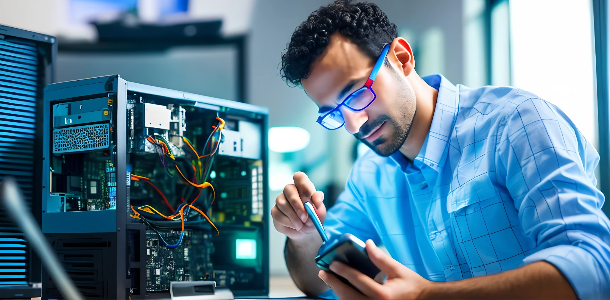 arafed man looking at a computer screen while holding a cell phone, disassemble the computer, it specialist, creative coder with a computer, revealing wires and electronics, using his desktop pc, portrait of computer & circuits, computer, maintenance, advanced technology, description, in front of a computer, broken computers and cables