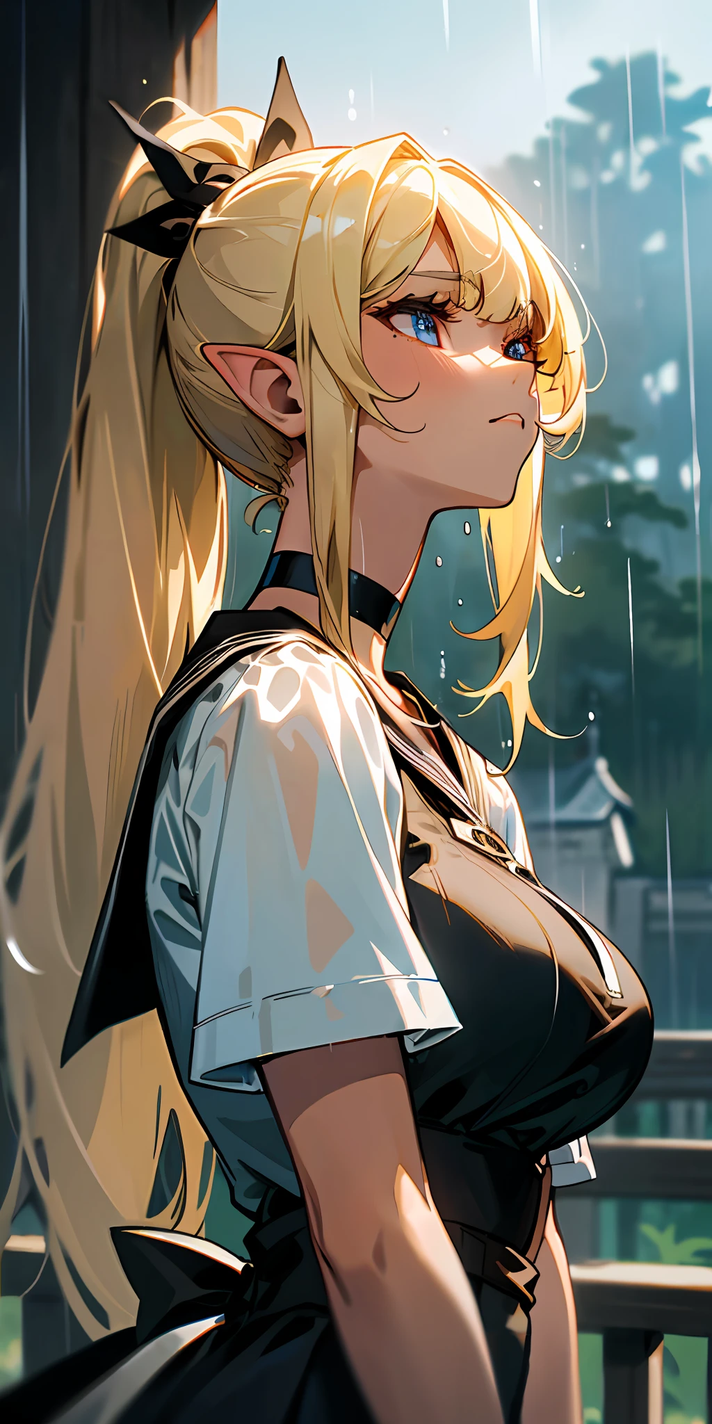 masterpiece, top quality, super delicate, detailed eyes, blonde, brown skin, , big breasts, thin waist, long bangs, ponytail, long hair, women, dark elf, choker, under the eaves, rain, looking up at the sky, melancholy, wet shirt, black ribbon, school uniform, summer, (looking afar)