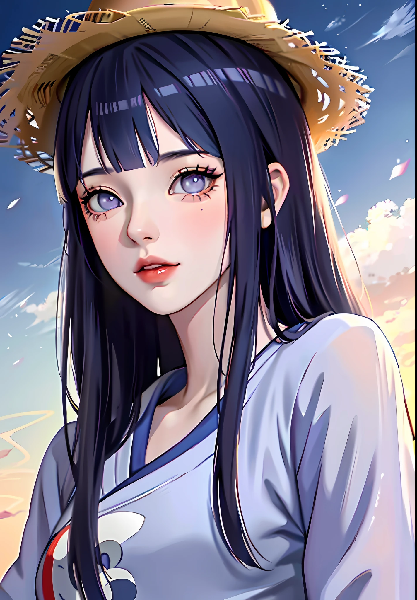 anime girl with dark blue hair wearing a straw hat and a blue dress, artwork in the style of guweiz, beautiful anime portrait, guweiz, beautiful anime girl, beautiful anime style, anime girl with dark blue hair, anime style. 8k, in the art style of bowater, beautiful digital illustration, beautiful character painting, stunning anime face portrait, ((blunt bangs)), purple eyes