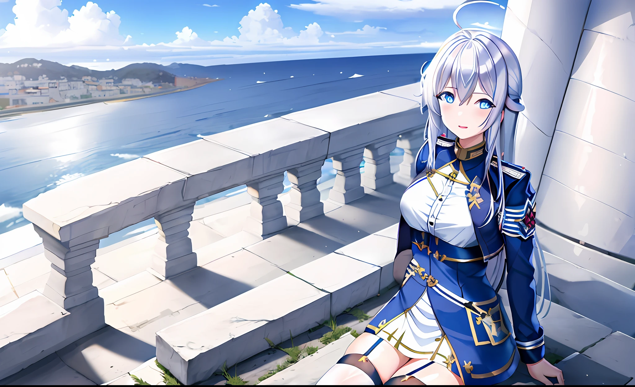 (masterpiece, best quality:1.2), 
1girl,Vladilena,lenaface,white thighhighs, garter straps, blue eyes, breasts, looking at viewer, white hair,outdoors, boots, military, blue jacket, cloud, medium breasts, long sleeves, jacket, military uniform,antenna hair, hair between eyes, creepy smile, looking at viewer, portrait, ahoge, yandere expression, bangs, white hair.