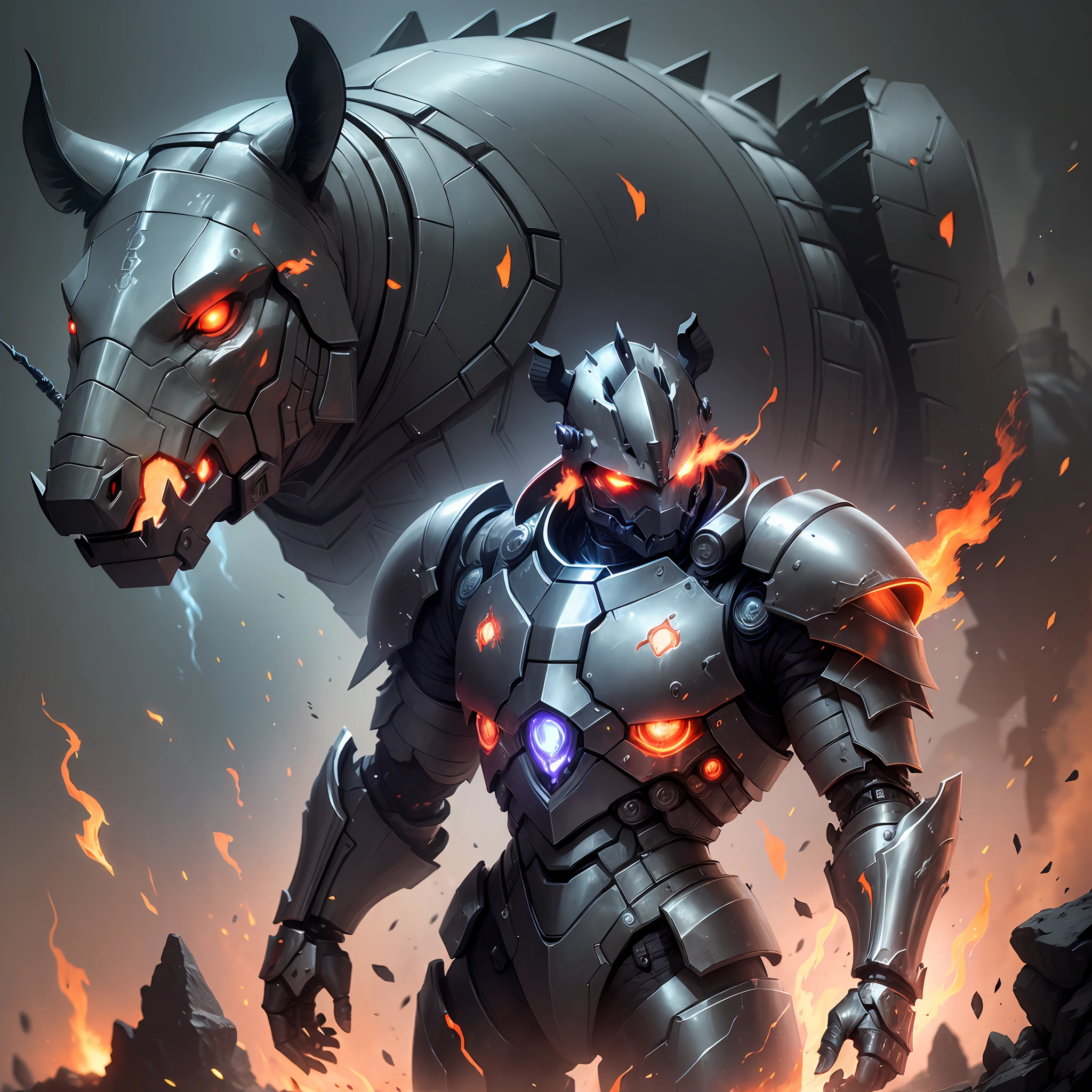 ((armor)),((animal:1.2) and (cyborg:1.1) and (fantasy:1.1)),'humanoid rhinoceros',('red eyes'),('battle scene'),('dark environment'),('smoke'),('flames'),('particles'),('accent lighting') --auto --s2