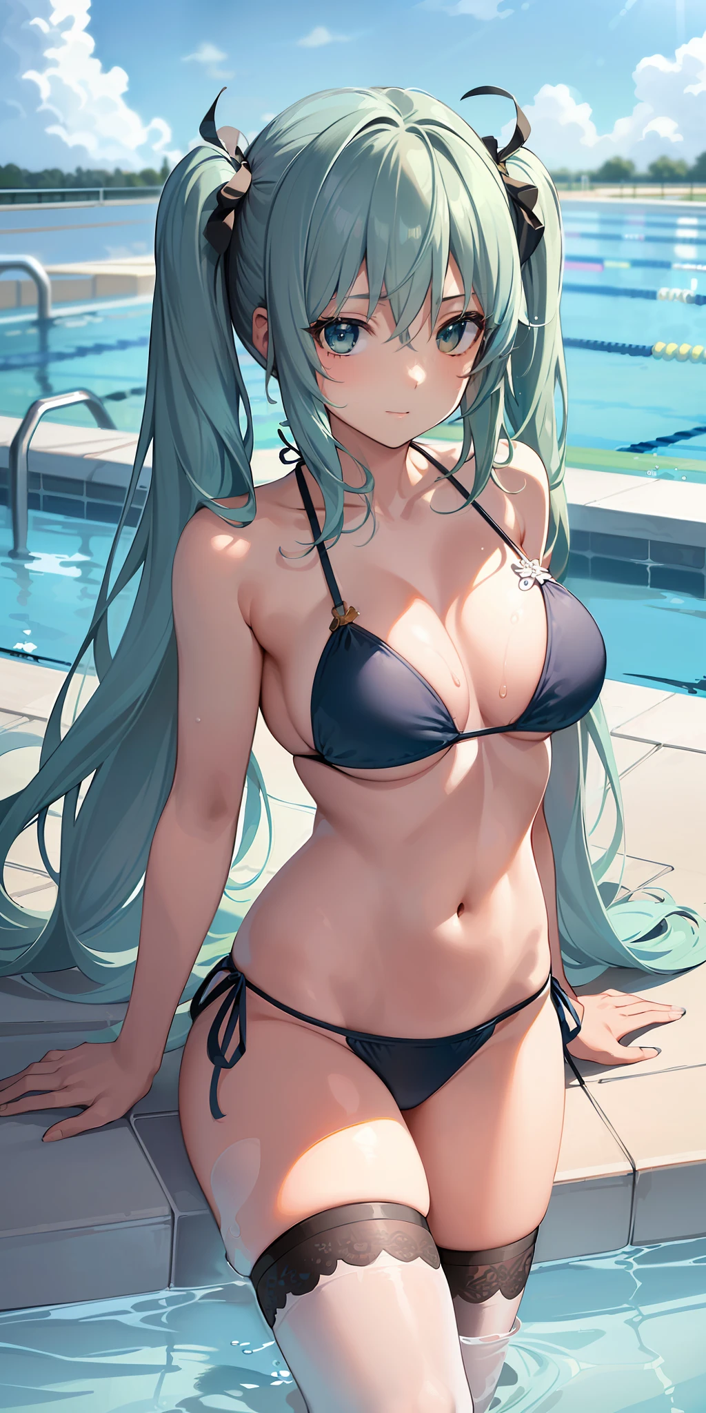 ((masterpiece)), (((best quality))), ((ultra-detailed)), ((illustration)), ((disheveled hair)), (1 girl), (solo), dynamic angle, thighhighs, beautiful detailed sky, on beautiful detailed water, (((swim pool))),beautiful detailed eyes, hairs between eyes (((medium breast))), (((arms behind))),(((string bikini))), {{{miku}}} ,twintails, (((miku))), indigo hair