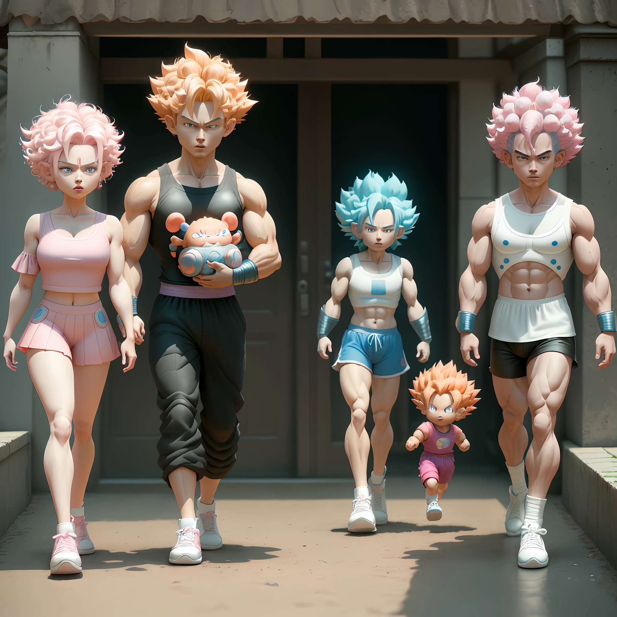 Goku, super saiyan, curly hair, arm representation, white and blue and pink hair body, high shoes, eye representation, exquisite hair, popmart blind box, clay texture, stepping on earth, black and white background, natural lighting, most good quality, super detail, 3D art, c4d, OC renderer, 3D rendering, 8k