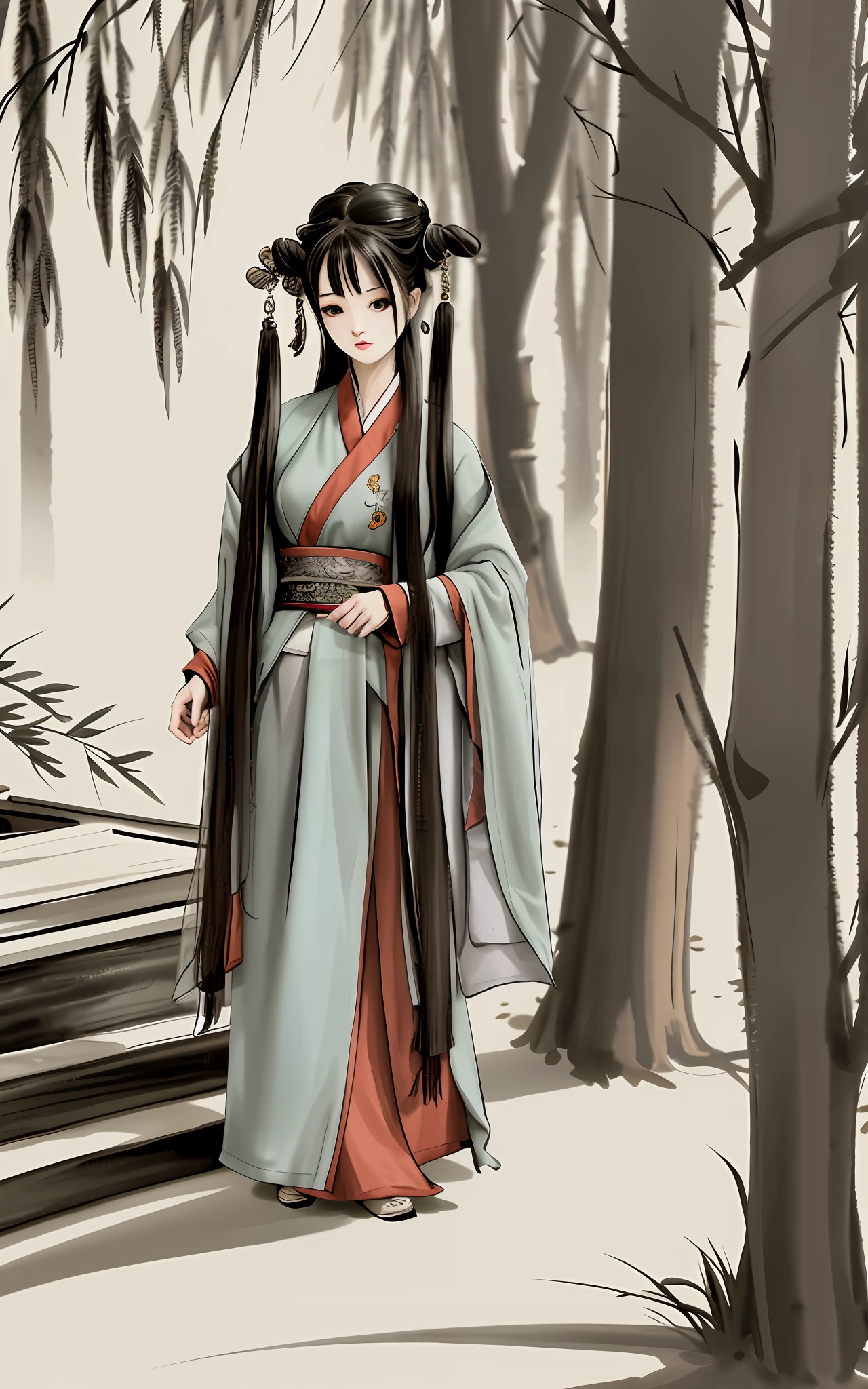 Shook Walking Horse, Negative Space,, Ink Painted Bethim, Standing Female Portrait, Willow Branch, (masterpiece, best quality: 1.2), Chinese painting, model style, peace, (smile), looking at the audience, wearing Changhan clothing, Hanfu, song, background, Willow trees, Wu Chang said,
