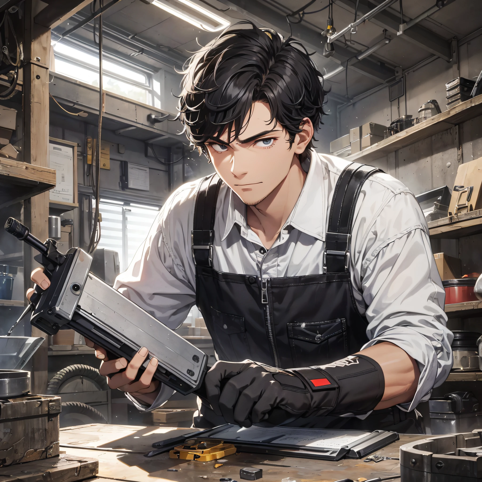 Absurd resolution, high resolution, (masterpiece: 1.4), hyper-detail, young man messy short black hair, welder dressed up, on the phone (1.2), smug expression, workbench, tech-sense screen