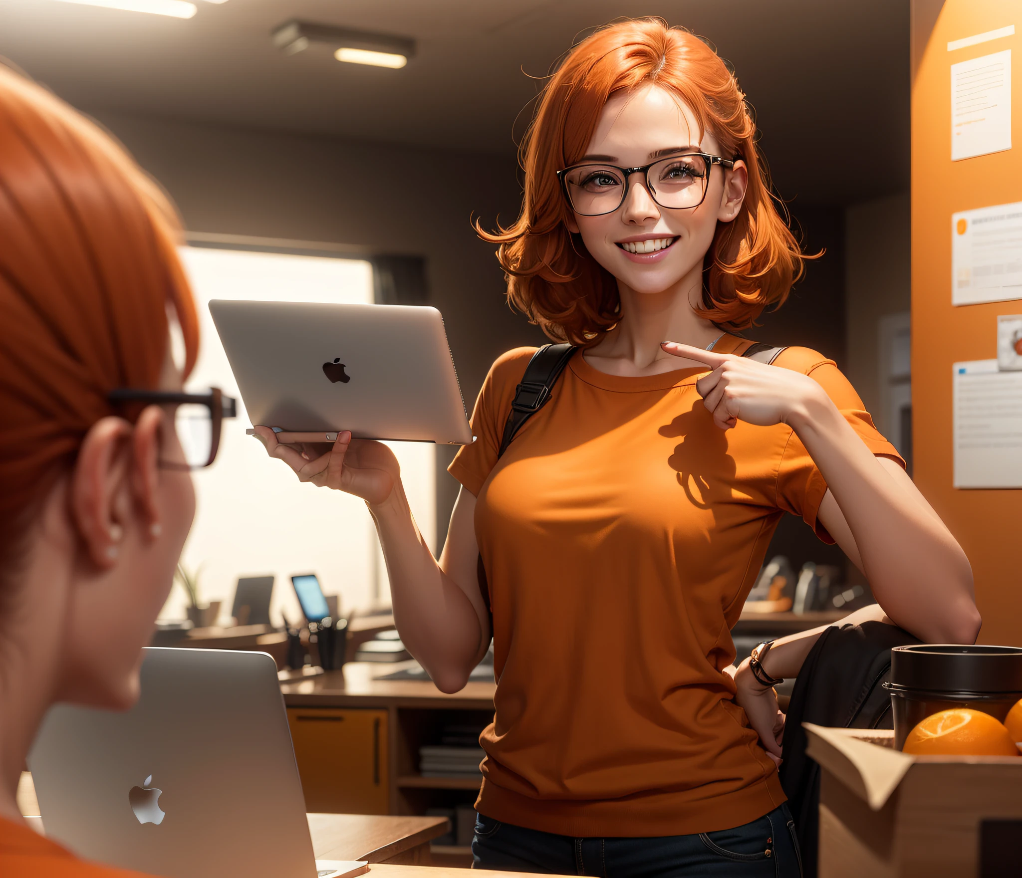 a 27-year-old female character wearing beautiful orange glasses and smiling wearing a plain orange knit T-shirt, very short and spiky orange brown hair, in advertising agency with orange walls, blurred background, holding a Macbook and pointing at the screen, smiling, cinematic lighting, shallow depth of field, 8k uhd, dslr, 35mm 1.8 lens,  masterpiece, high quality, photorealistic, realism, hyperrealism, art photography --auto --s2