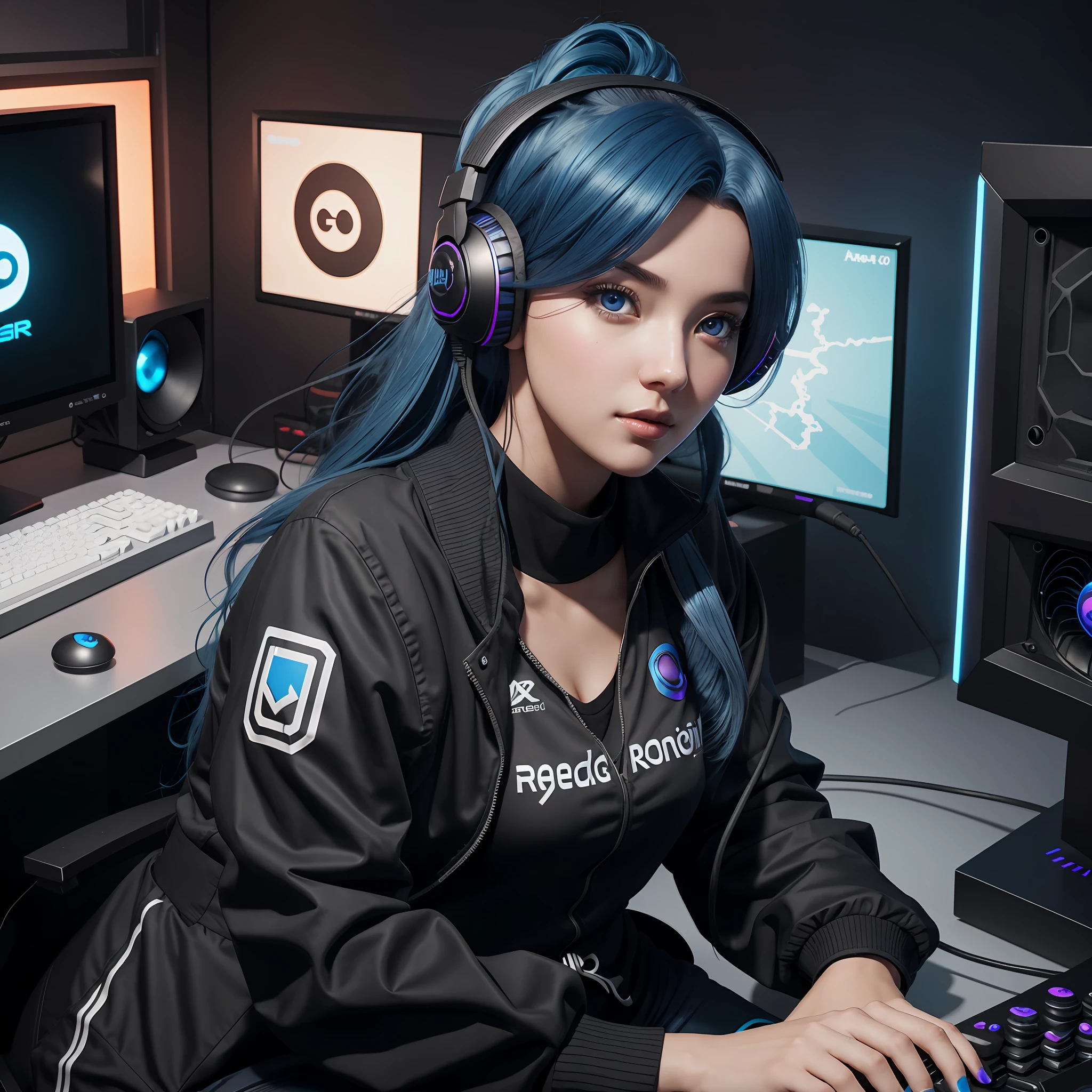 (Hyper realistic, highly detailed, Octane render) A beautiful E-girl with Deep Blue hair sitting infront of a Gaming Computer with Discord, (Real life looks, real skin, 8k), looking directly at the camera with a playful, Gamer, Discord E girl, Black Outfit