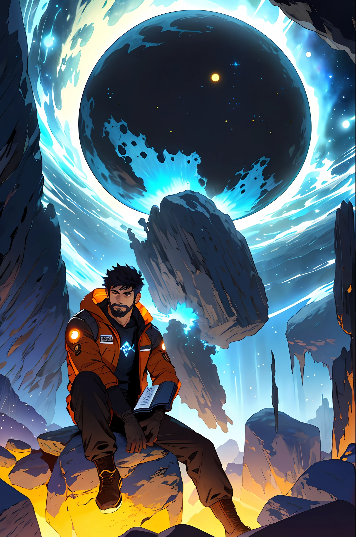 Draw a young programmer, sitting on a research platform floating in the middle of an asteroid belt. He is studying with a notebook, surrounded by several asteroids glowing with fiery auras. Dramatic lighting from distant stars and planets illuminates the scene, casting deep shadows on the suit. The young man looks confident and determined, looking at the vast and mysterious universe with wonder and respect,facial hair, cowboy shot,