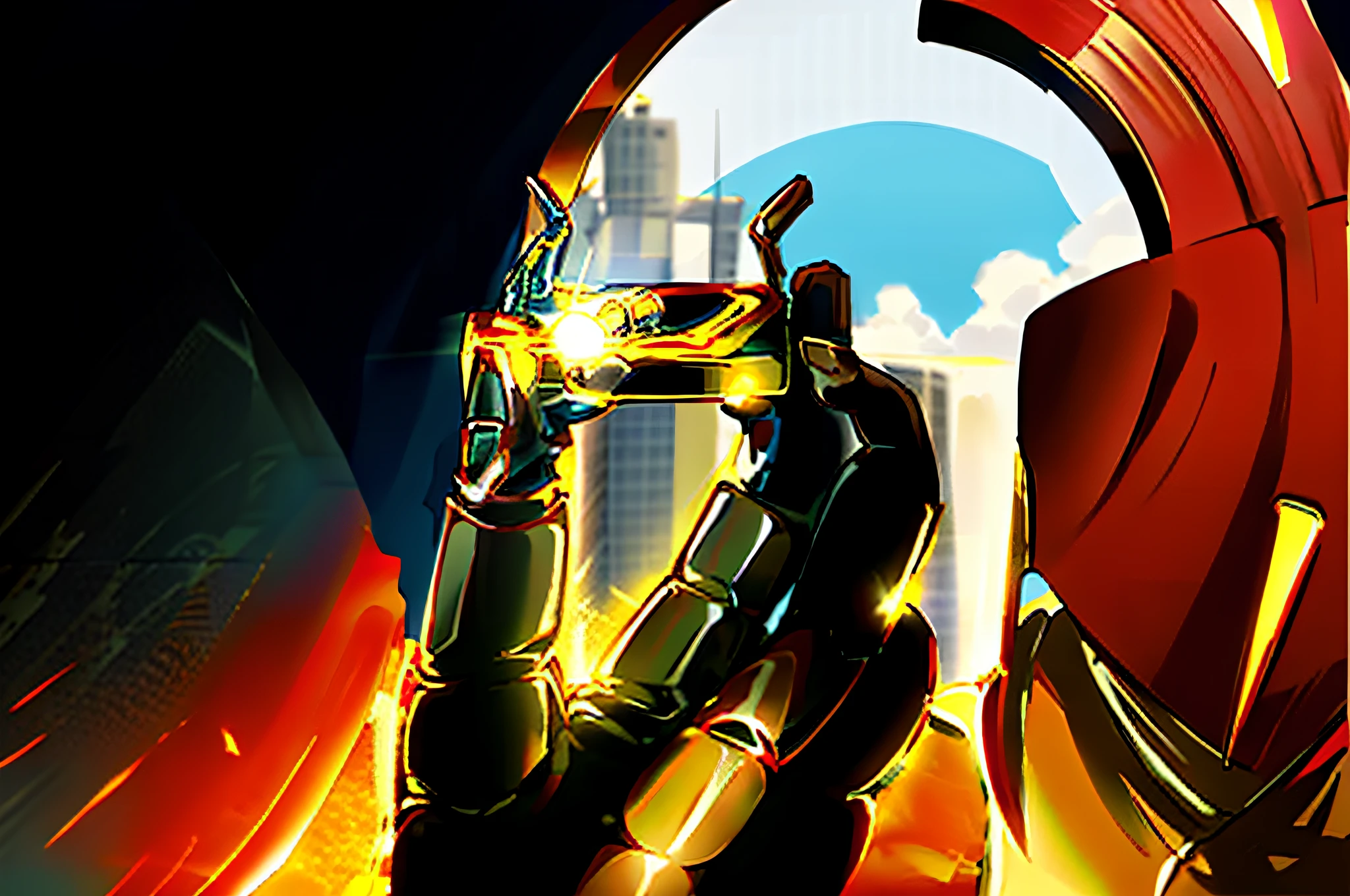realistic photo, hand of the armor of Iron Man from the Marvel movie sucking, hand color with metallic red armor and some details in gold, armor hand with round flight stabilizer with futuristic details faithful to the movie in the palm of the hand with blue light shining, hand faithful to the armor of the movie Iron Man, City street background with depth, chrome photo object identical to the original image.