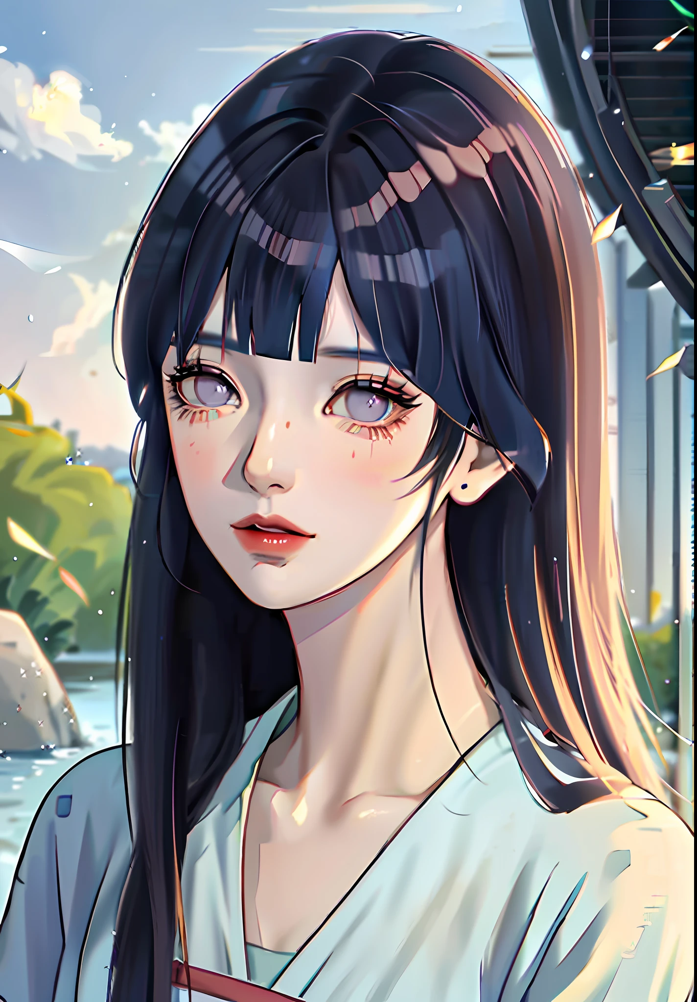 anime girl with dark blue hair wearing a straw hat and a blue dress, artwork in the style of guweiz, beautiful anime portrait, guweiz, beautiful anime girl, beautiful anime style, anime girl with dark blue hair, anime style. 8k, in the art style of bowater, beautiful digital illustration, beautiful character painting, stunning anime face portrait, ((blunt bangs)), purple eyes