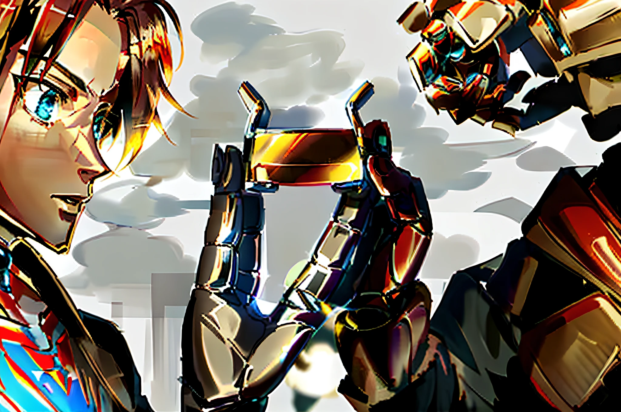 realistic photo, hand of the armor of Iron Man from the Marvel movie sucking, hand color with metallic red armor and some details in gold, armor hand with round flight stabilizer with futuristic details faithful to the movie in the palm of the hand with blue light shining, hand faithful to the armor of the movie Iron Man, City street background with depth, chrome photo object identical to the original image.