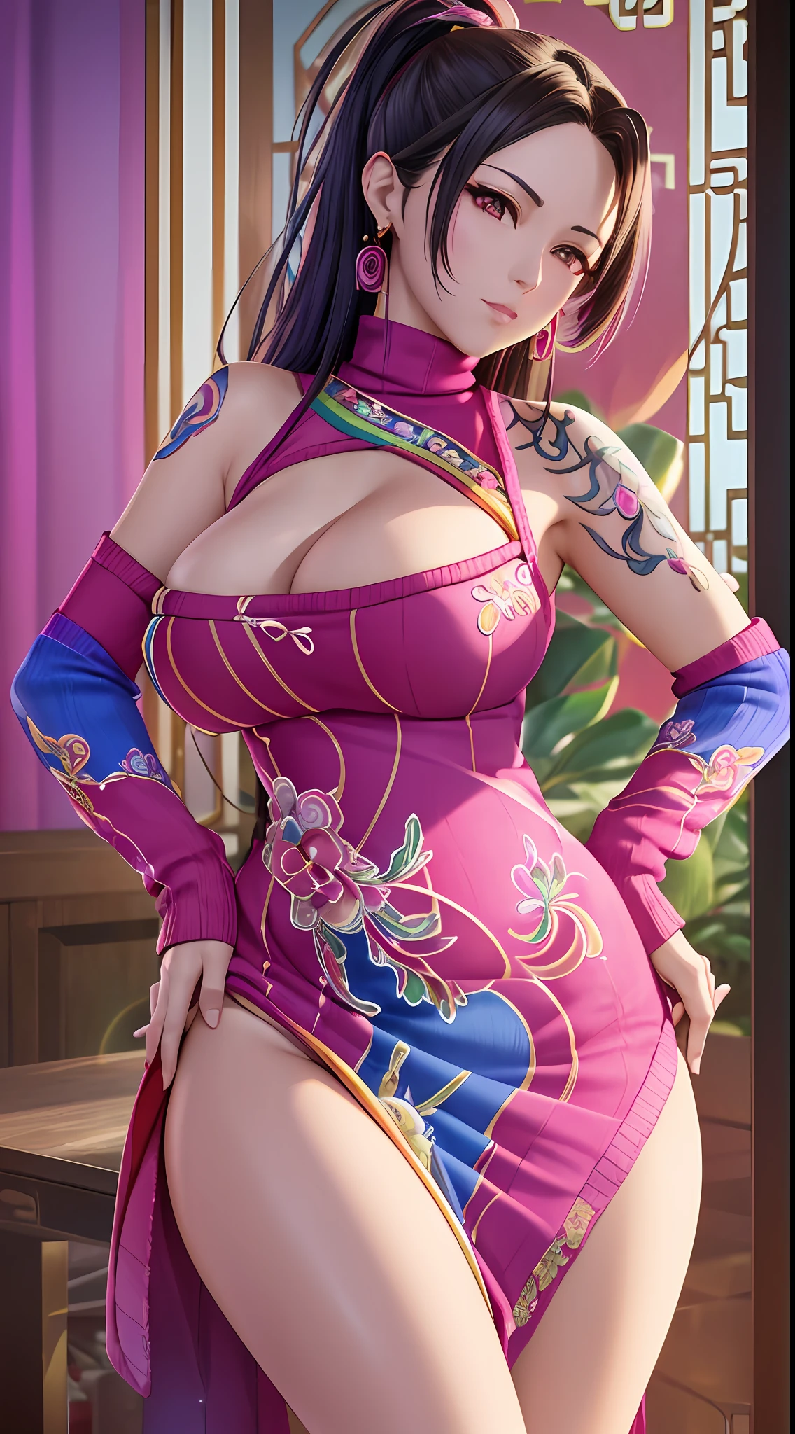nighttime,full body,KOF:Mai Shiranui ,(((Wearing vibrant rainbow color scheme art, Suzhou embroidery technology; knitted sweater hole dress))),The mirror, Masterpiece,best quality,official art,extremely detailed 3DCG unity 8k, ( ##tattoo ##,tattoo, ~+ tattoo),(Perfect female curves, huge breast),(A seductive gaze), Facing the camera, Pink lips,Delicate fingers and hands,magic hour, Rembrandt lighting, front lighting and fill lighting, hard shadow, Arnold render,