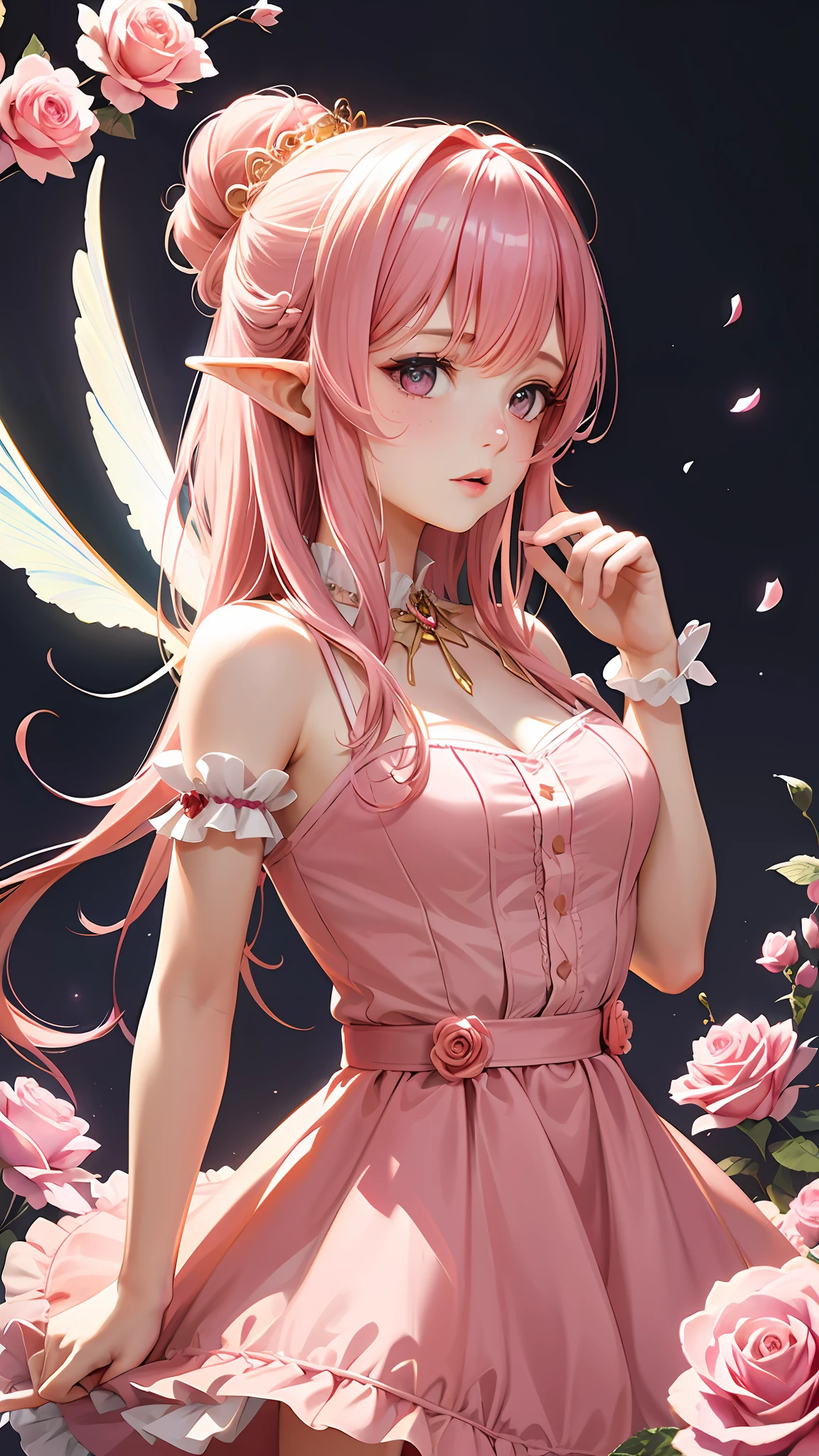 1 girl, solo, full body, look viewer, pink hair, portrait, bangs, mouth ajar, glossy lips, eyelashes, lips, eye focus, long hair, pink eyes, cute, super detailed, pink dress, ruffled mini skirt, pink rose, golden tiara, pink rose hair ornament, elven ears, fairy, wings, pink rose blooming all around, pink rose bouquet, cup blooming rose, illustration, complex, detail, highly detailed, detailed face, soft lighting, soft light, soft focus, perfect face, beautiful, precise anatomy, overexposed, 8k, 4k, (high resolution: 1.1), top quality, (masterpiece: 1.3), freckles, blue sky, heart-shaped pupil (((pink dress))