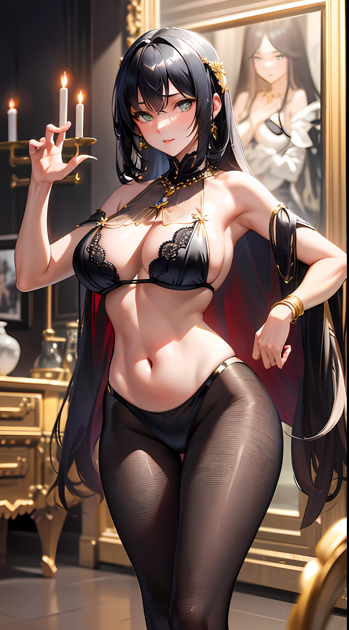 (Incomparable masterpiece, side light, exquisite and beautiful eyes: 1.2), ultra-realistic 8k CG, perfect artwork, upper body, standing, shiny hair, glowing eyes, shiny skin, realistic, 3d face, underboob, sideboob, huge breasts, perfect female figure, mature woman, milf, narrow waist, looking at viewer, lace, lace trim, black pantyhose, seductive pose, sexy pose, seductive, prestige, gorgeous, luxurious , jewelry, gemstones, gold, silver, diamonds, glitter, sapphires, rubies, emeralds, pearls, amber, obsidian,