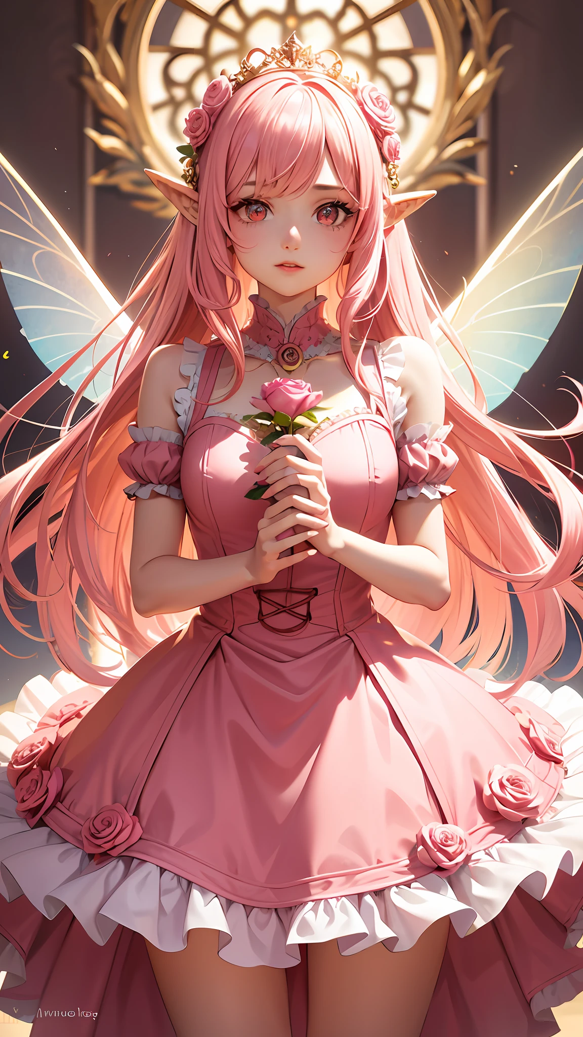 1 girl, solo, full body, look viewer, pink hair, portrait, bangs, mouth ajar, glossy lips, eyelashes, lips, eye focus, long hair, pink eyes, cute, super detailed, pink dress, ruffled mini skirt, pink rose, golden tiara, pink rose hair ornament, elven ears, fairy, wings, pink rose blooming all around, pink rose bouquet, cup blooming rose, illustration, complex, detail, highly detailed, detailed face, soft lighting, soft light, soft focus, perfect face, beautiful, precise anatomy, overexposed, 8k, 4k, (high resolution: 1.1), top quality, (masterpiece: 1.3), freckles, blue sky, heart-shaped pupil (((pink dress))